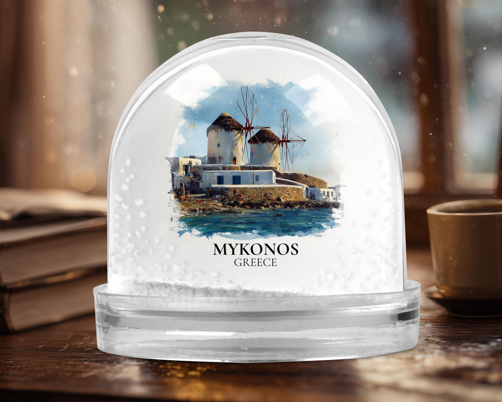 Mykonos Greece Snow Globe, Personalized Watercolor, Custom Travel Souvenir Keepsake City Dome