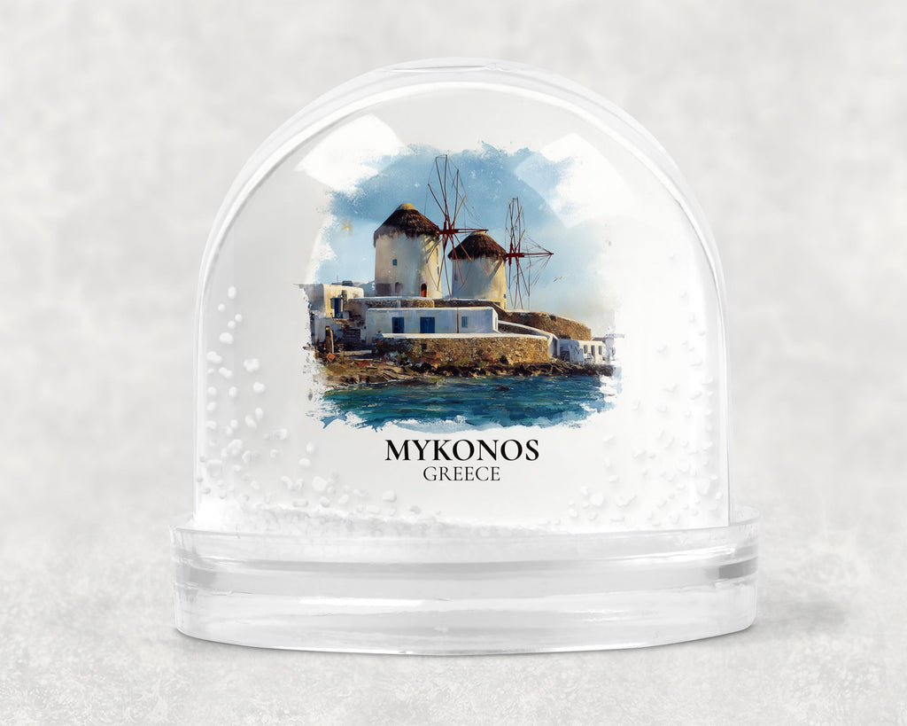 Mykonos Greece Snow Globe, Personalized Watercolor, Custom Travel Souvenir Keepsake City Dome