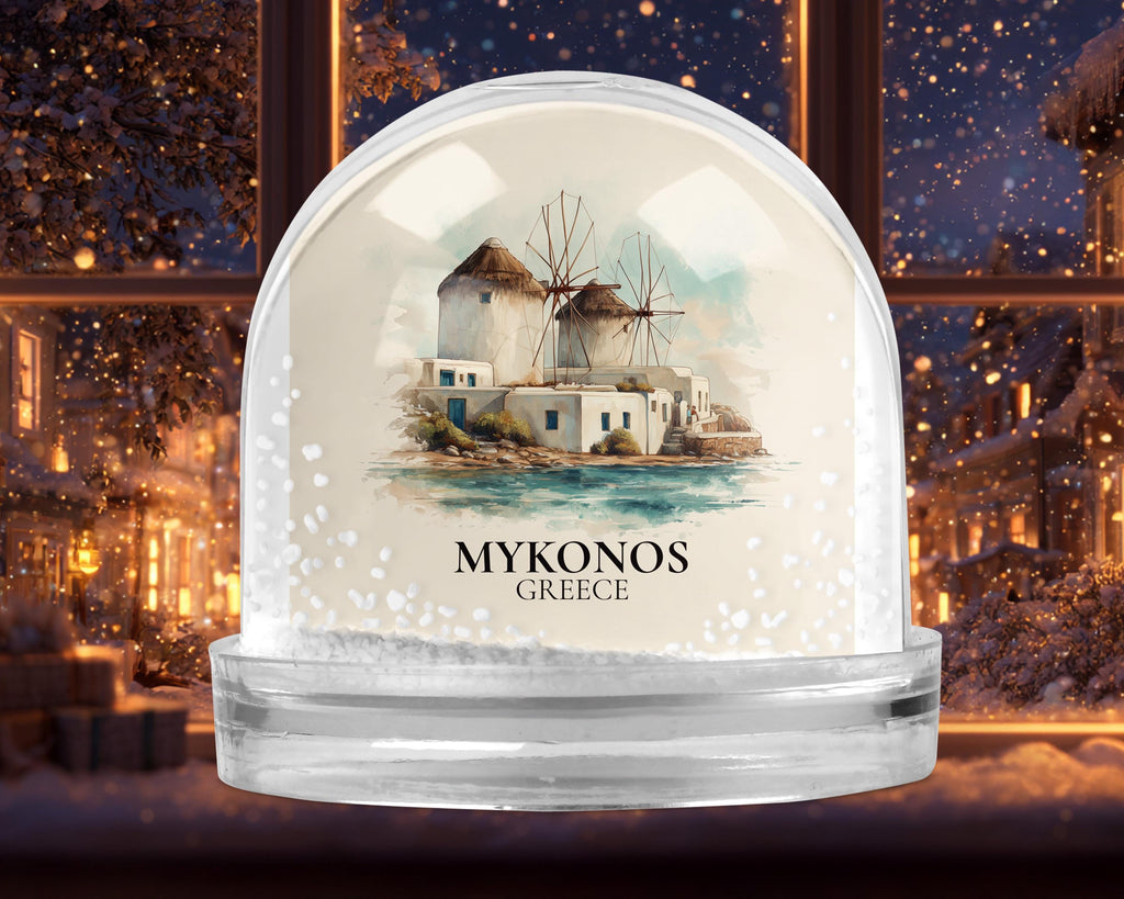Mykonos Snow Globe Greece, Personalized Watercolor, Custom Travel Souvenir Keepsake City Dome