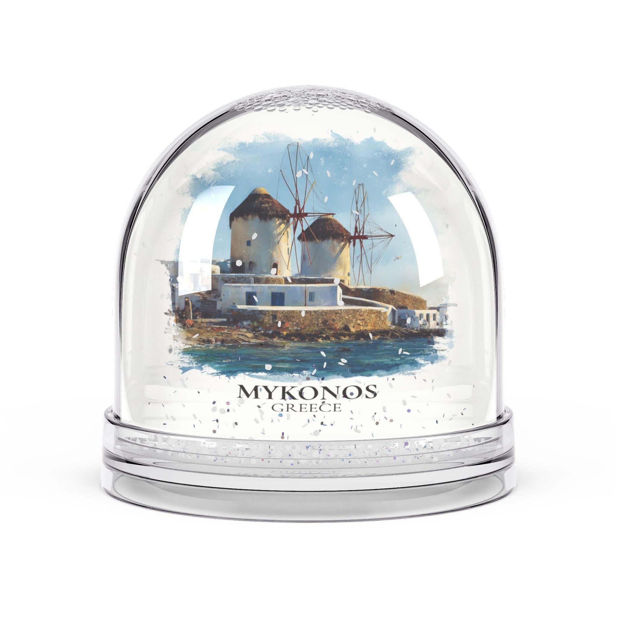 Mykonos Greece Snow Globe, Personalized Watercolor, Custom Travel Souvenir Keepsake City Dome