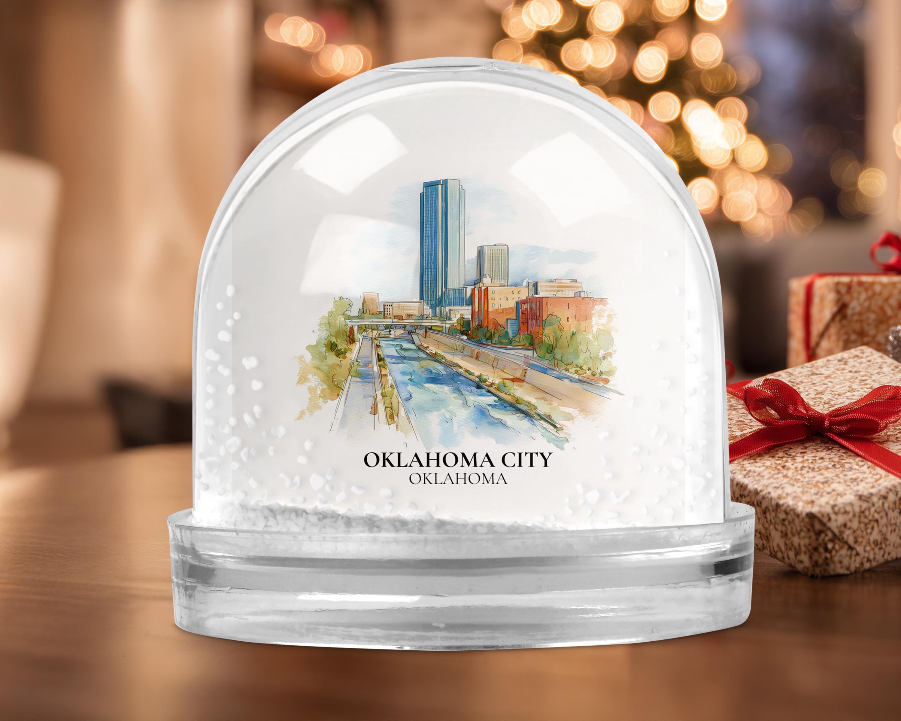Oklahoma City Snow Globe, Personalized Watercolor Travel Keepsake