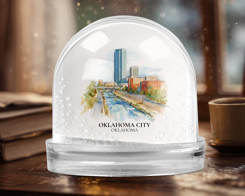 Oklahoma City Snow Globe, Personalized Watercolor Travel Keepsake