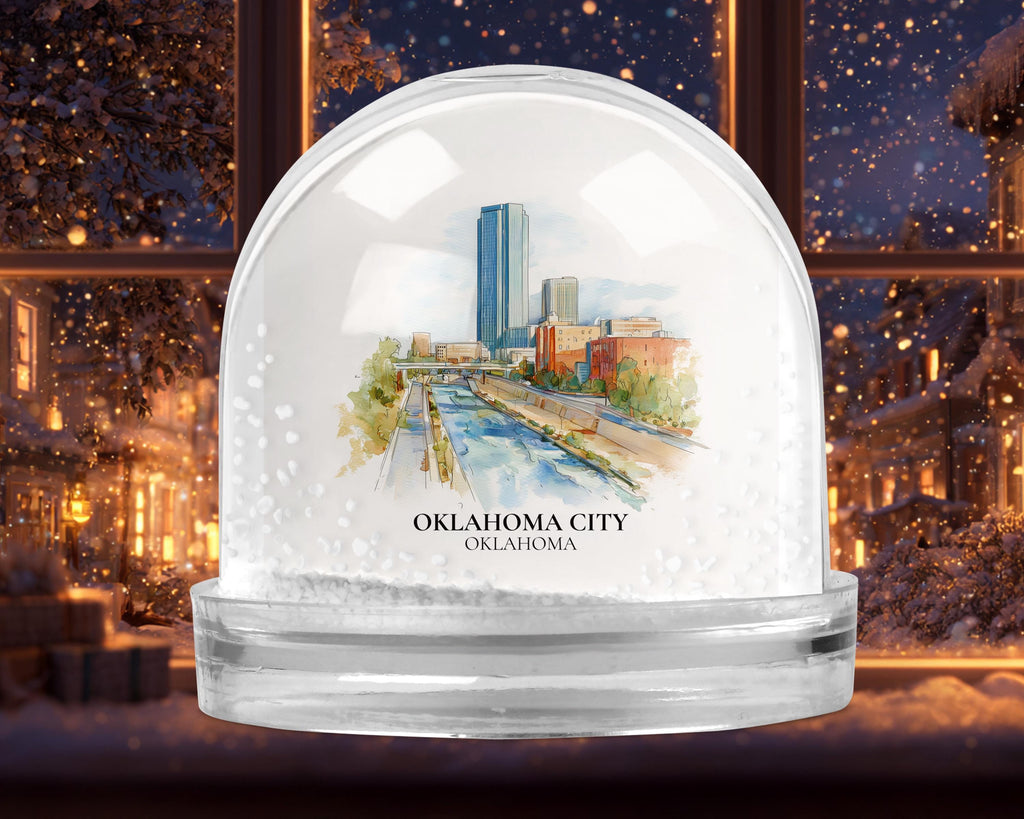 Oklahoma City Snow Globe, Personalized Watercolor Travel Keepsake