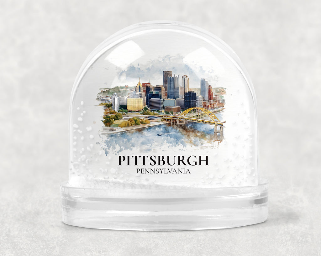Pittsburgh Pennsylvania Snow Globe, Personalized Watercolor, Custom Travel Souvenir Keepsake City Dome