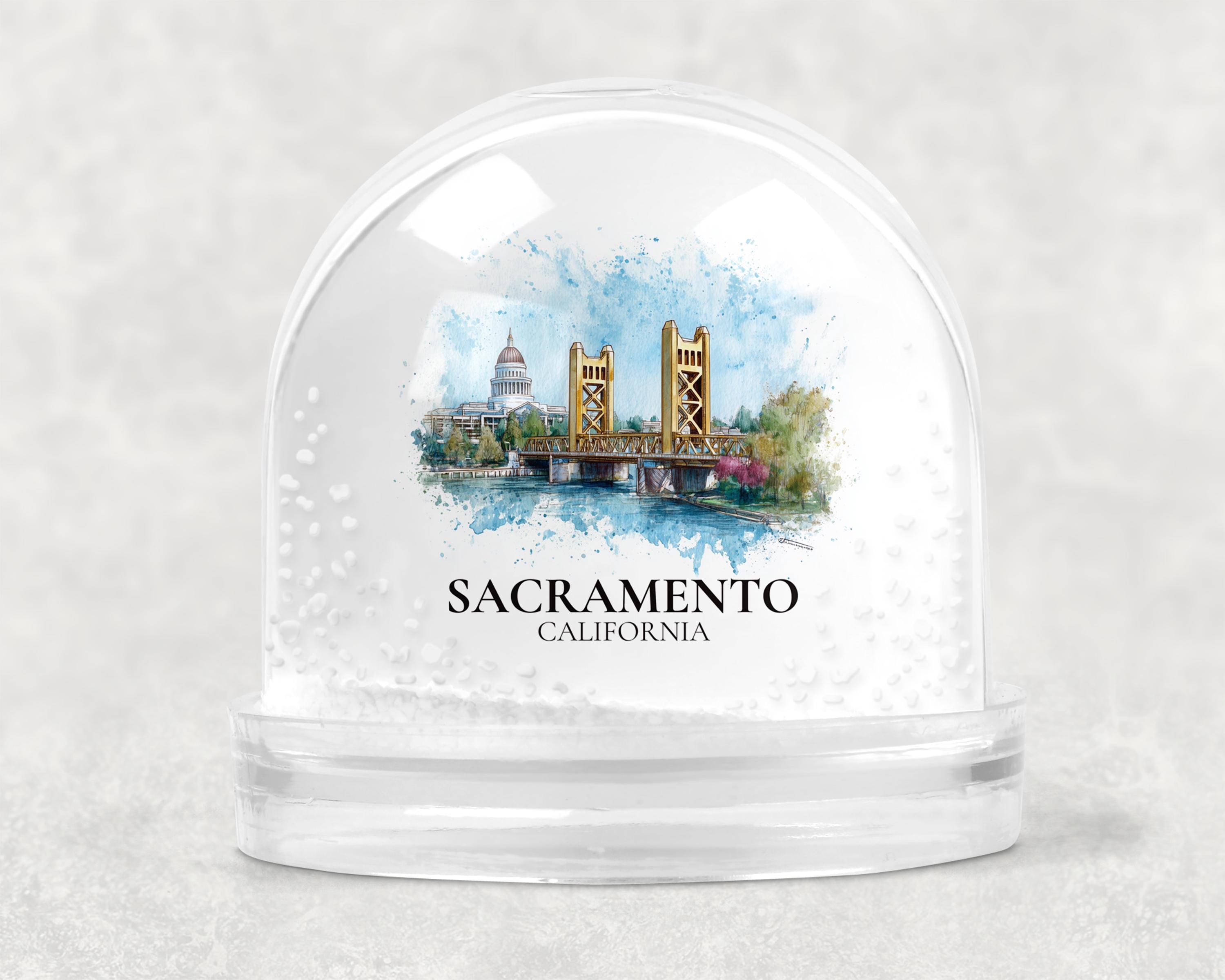 Sacramento California Snow Globe, Personalized Watercolor, Custom Travel Souvenir Keepsake City Dome