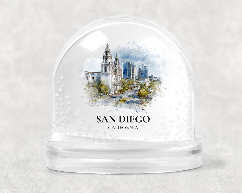 San Diego California Snow Globe, Personalized Watercolor, Custom Travel Souvenir Keepsake City Dome