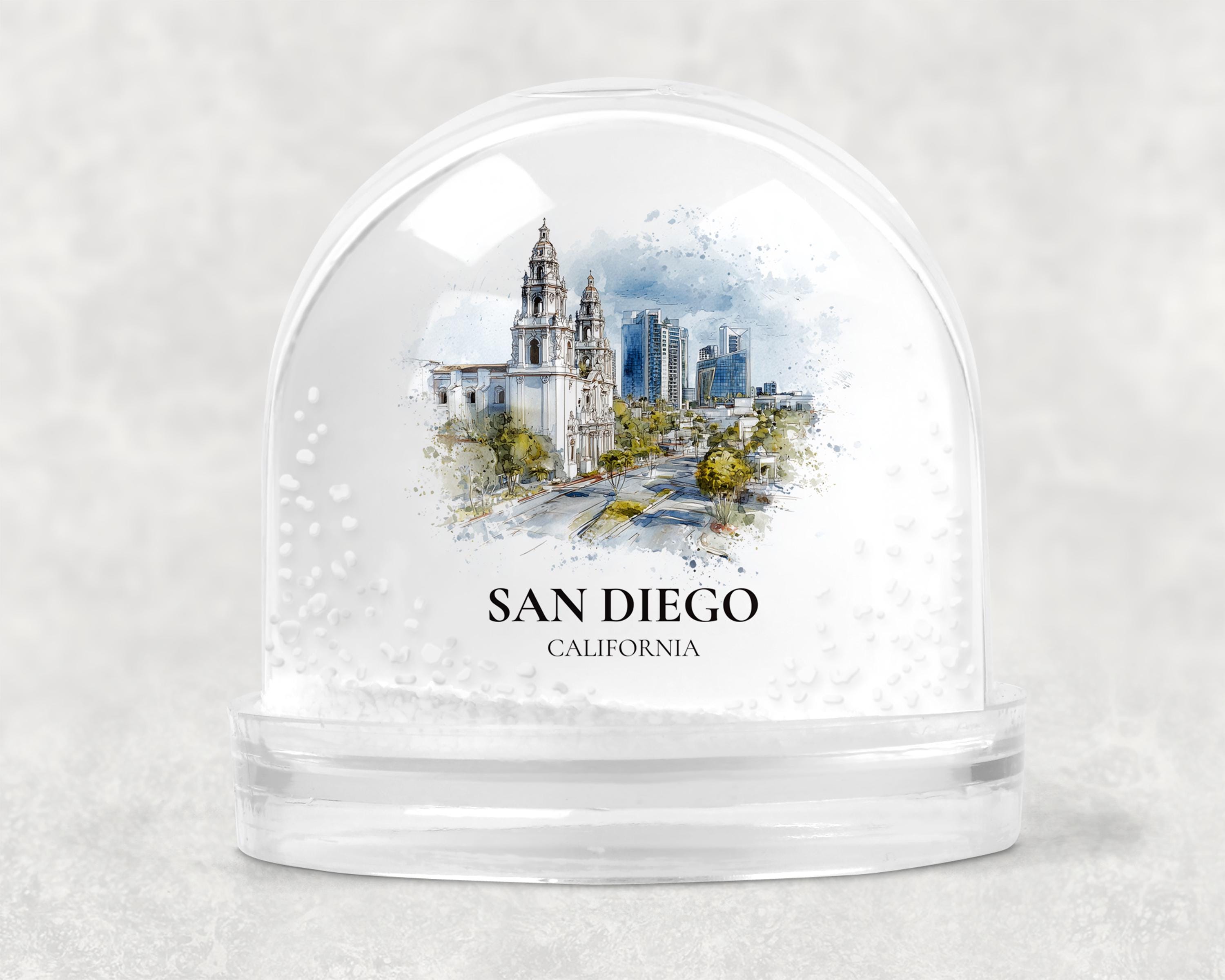 San Diego California Snow Globe, Personalized Watercolor, Custom Travel Souvenir Keepsake City Dome