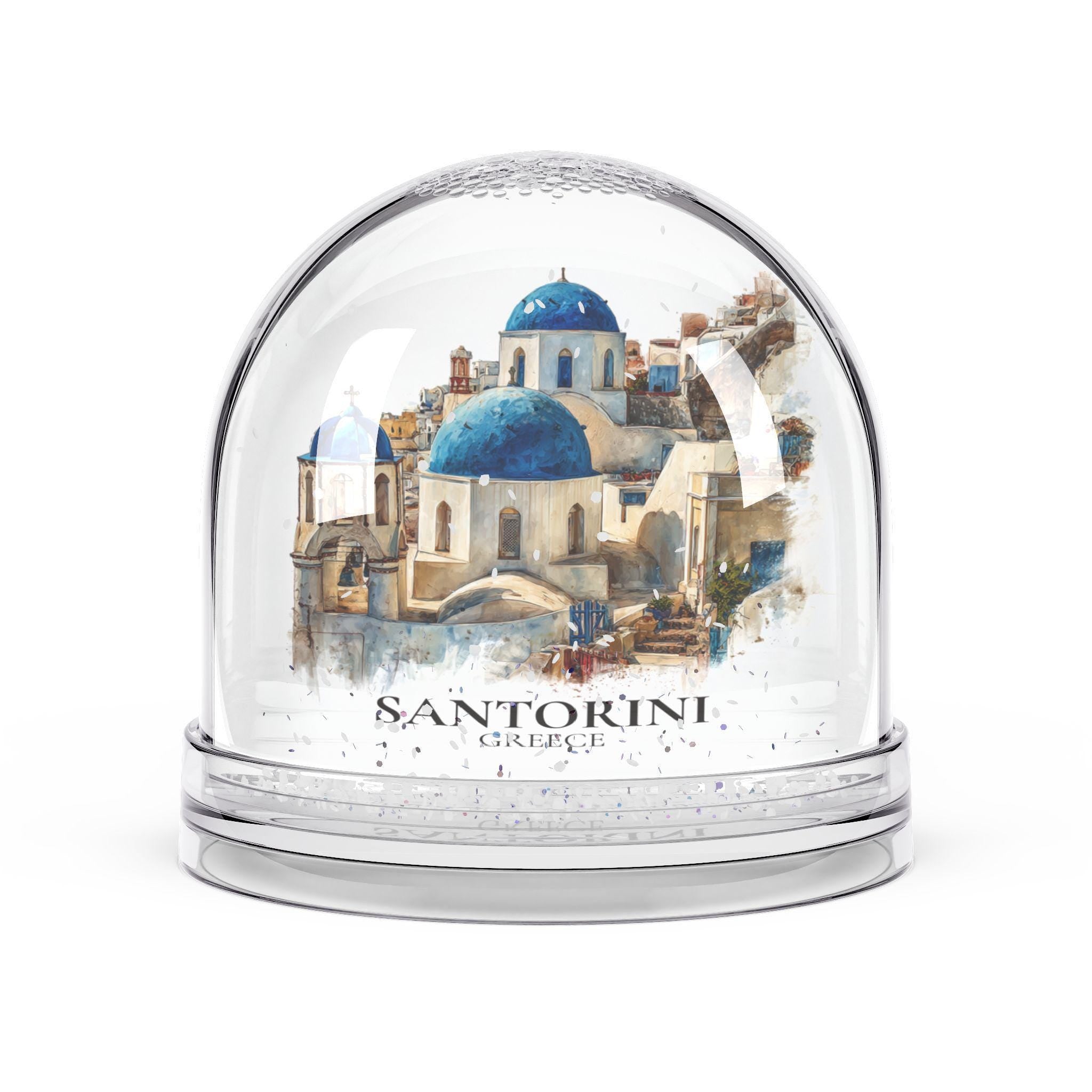 Santorini Greece Snow Globe, Personalized Watercolor, Custom Travel Souvenir Keepsake City Dome