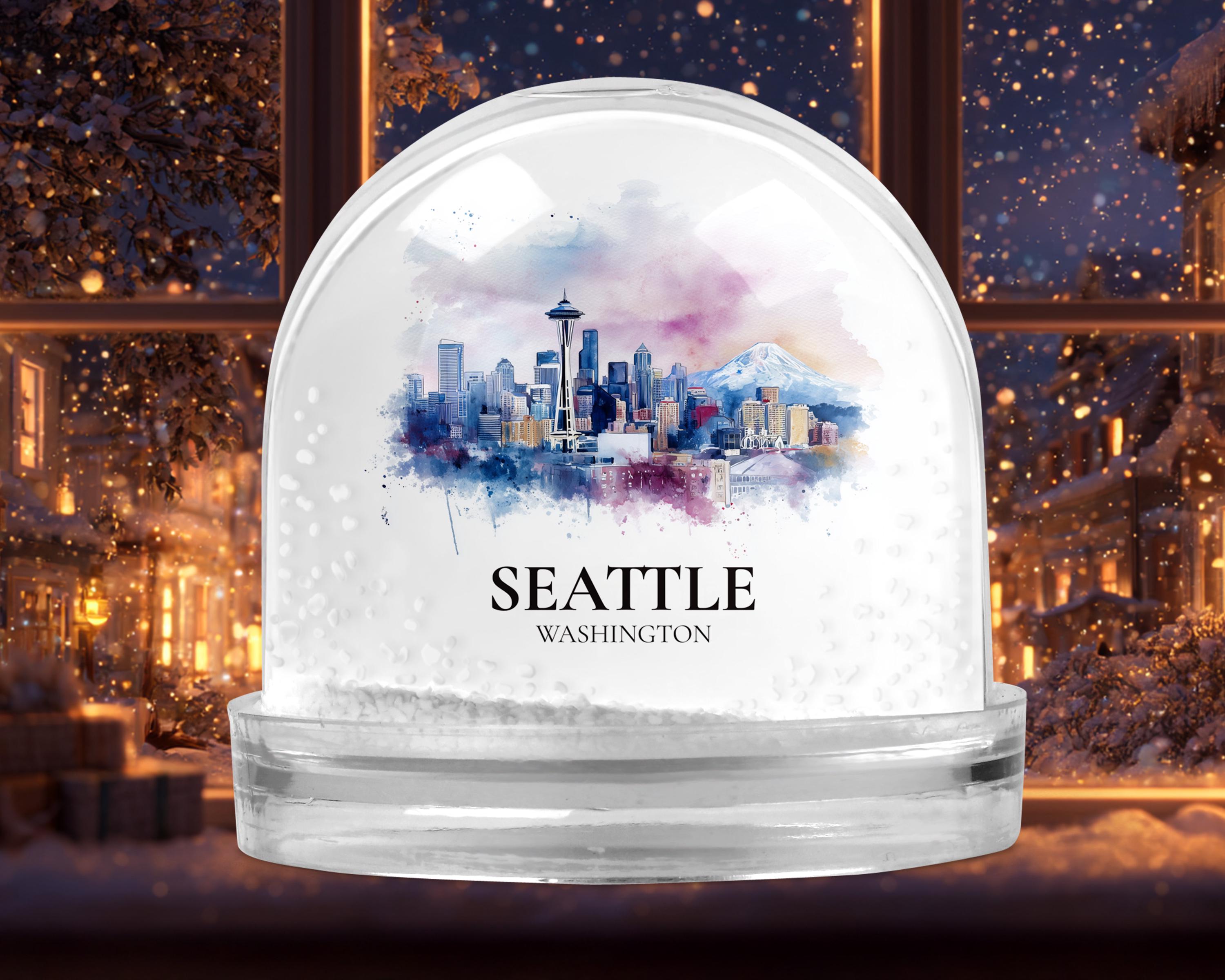 Seattle Washington Snow Globe, Personalized Watercolor, Custom Travel Souvenir Keepsake City Dome
