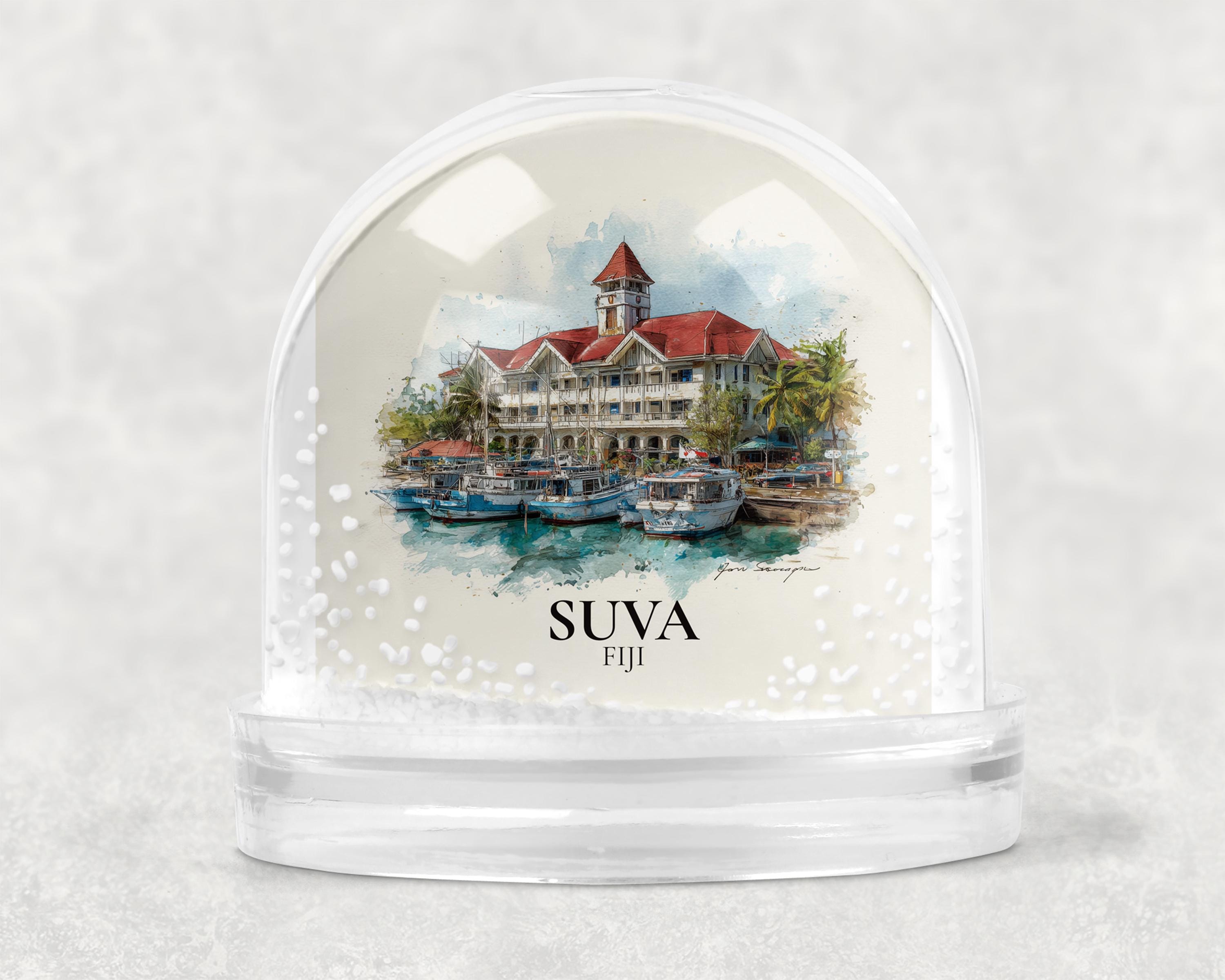 Suva Fiji Snow Globe, Personalized Watercolor, Custom Travel Souvenir Keepsake City Dome