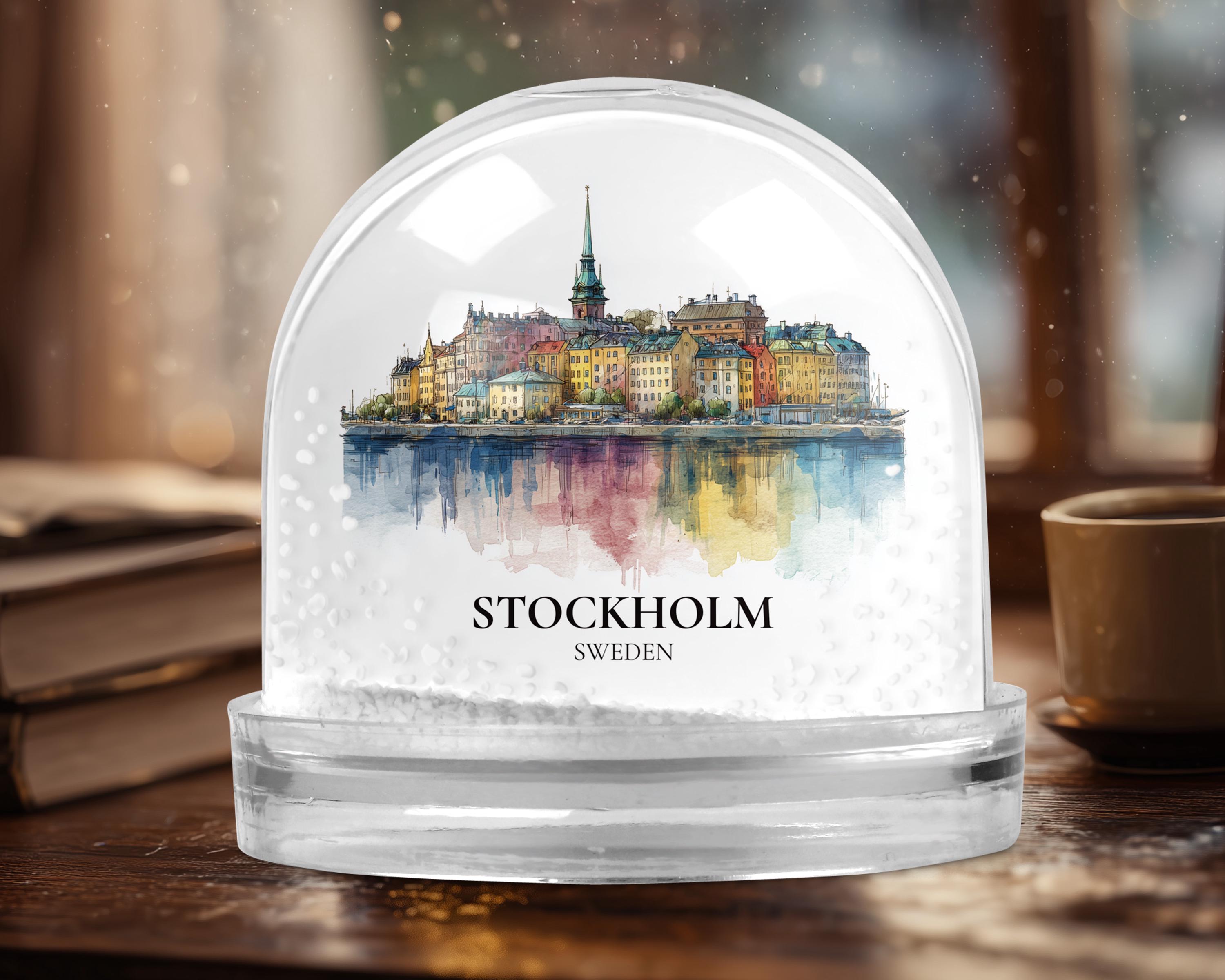 Stockholm Sweden Snow Globe, Personalized Watercolor, Custom Travel Souvenir Keepsake City Dome