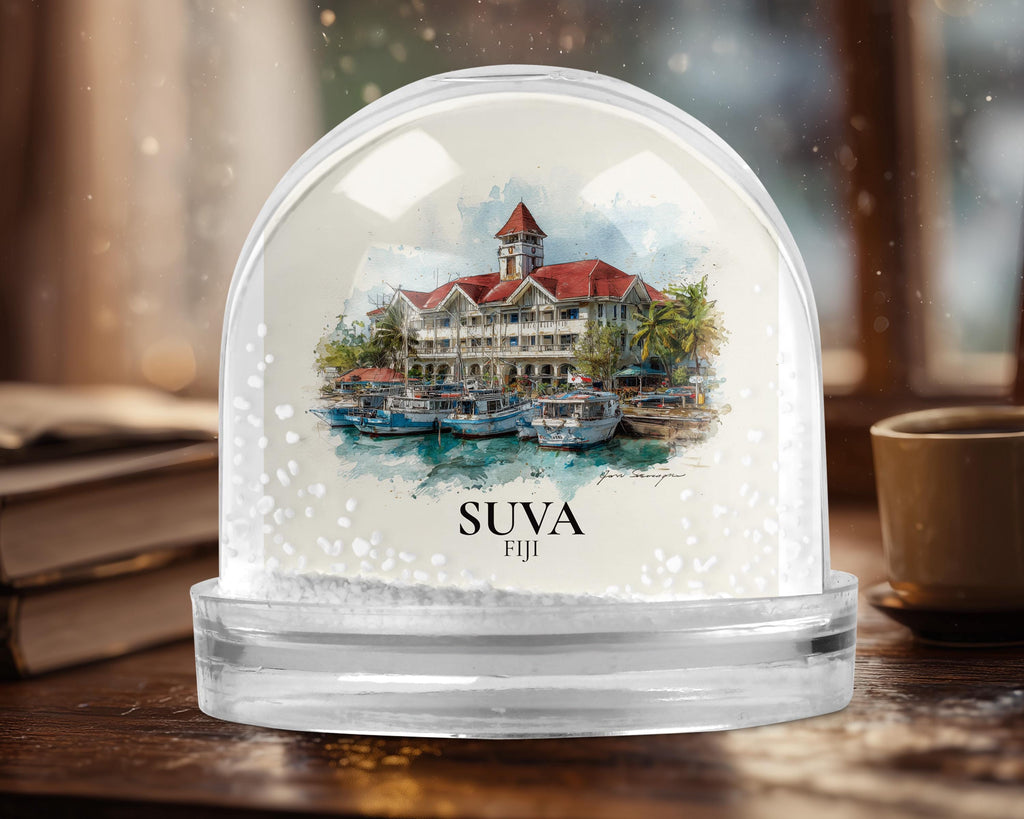 Suva Fiji Snow Globe, Personalized Watercolor, Custom Travel Souvenir Keepsake City Dome