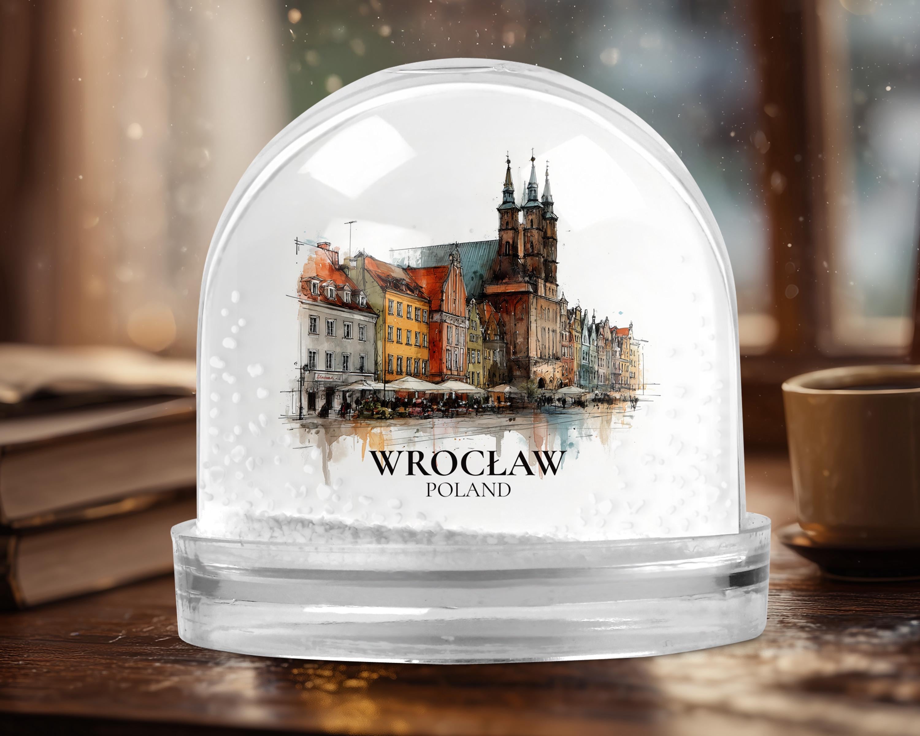 Wroclaw Poland Snow Globe, Personalized Watercolor, Custom Travel Souvenir Keepsake City Dome