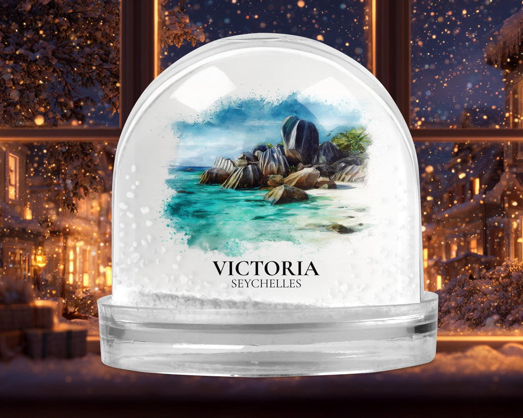 Victoria Seychelles Snow Globe, Personalized Watercolor, Custom Travel Souvenir Keepsake City Dome