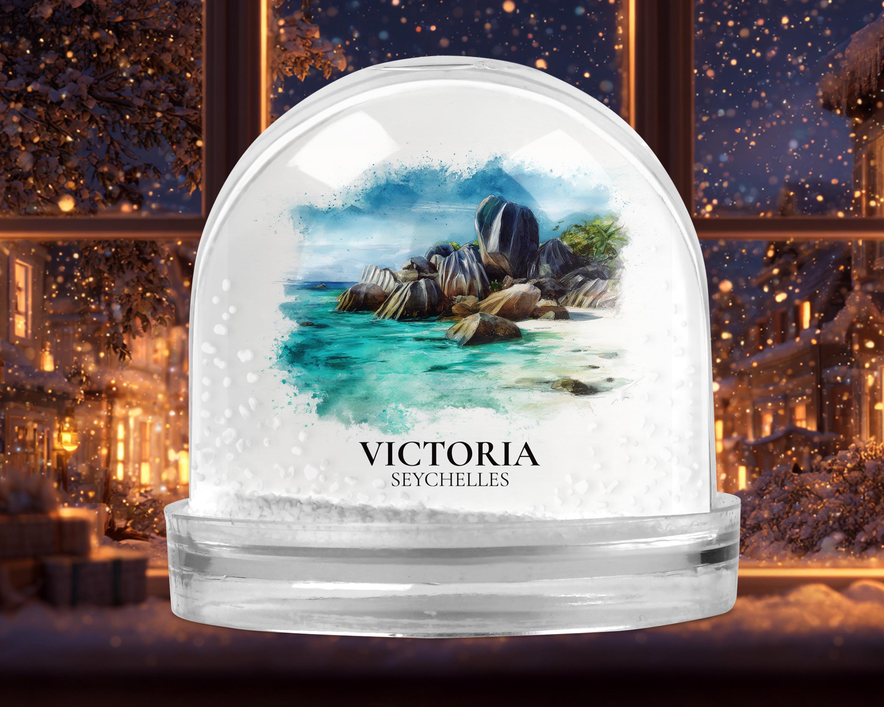 Victoria Seychelles Snow Globe, Personalized Watercolor, Custom Travel Souvenir Keepsake City Dome