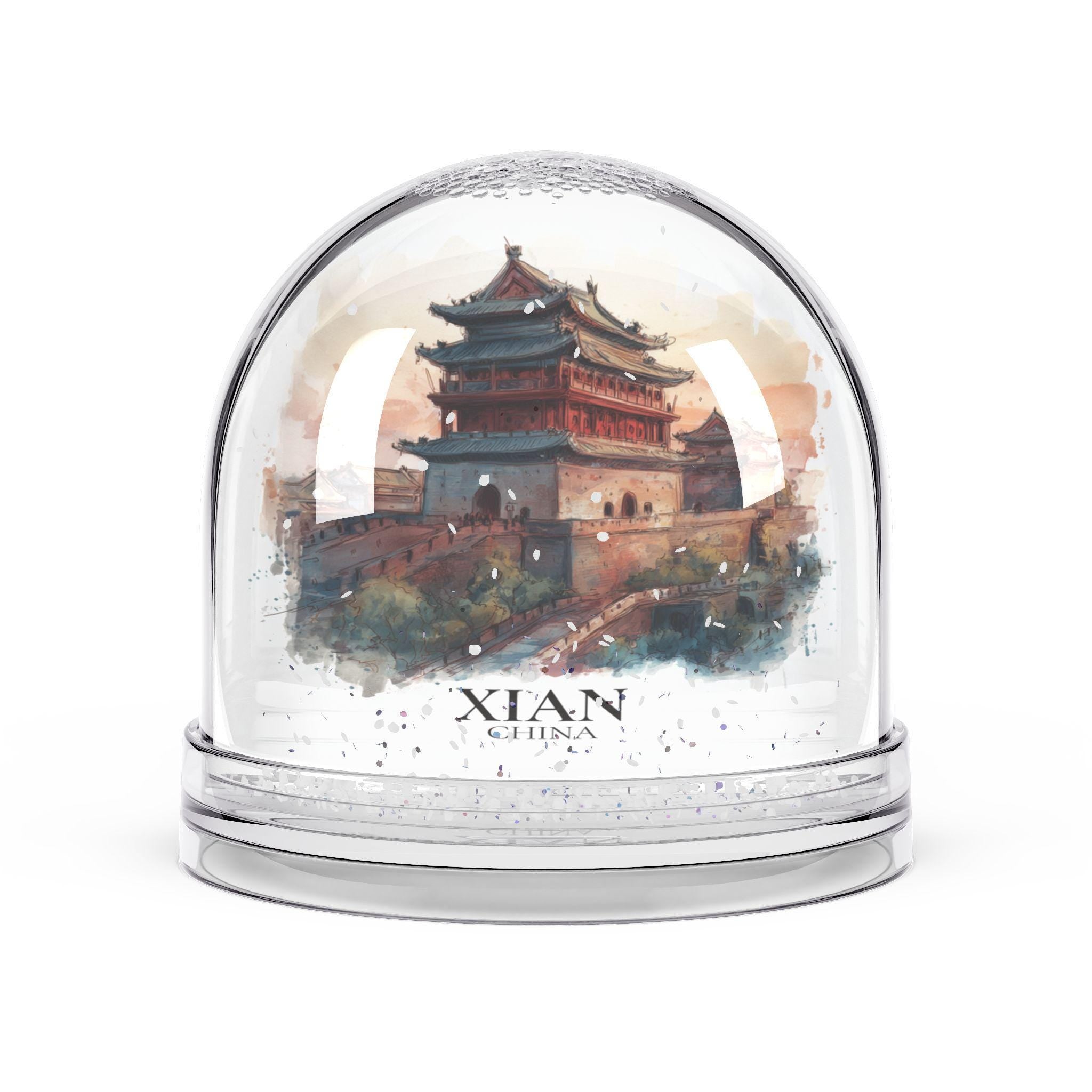 Xian China Snow Globe, Personalized Watercolor, Custom Travel Souvenir Keepsake City Dome