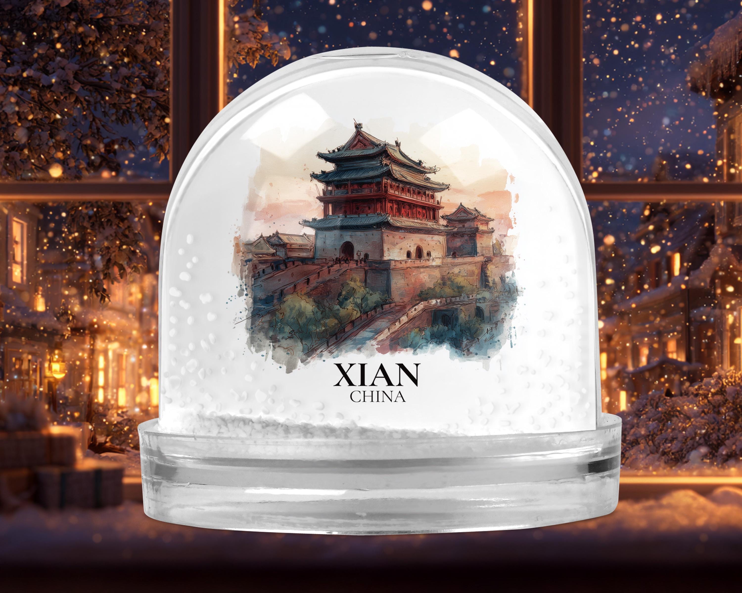 Xian China Snow Globe, Personalized Watercolor, Custom Travel Souvenir Keepsake City Dome