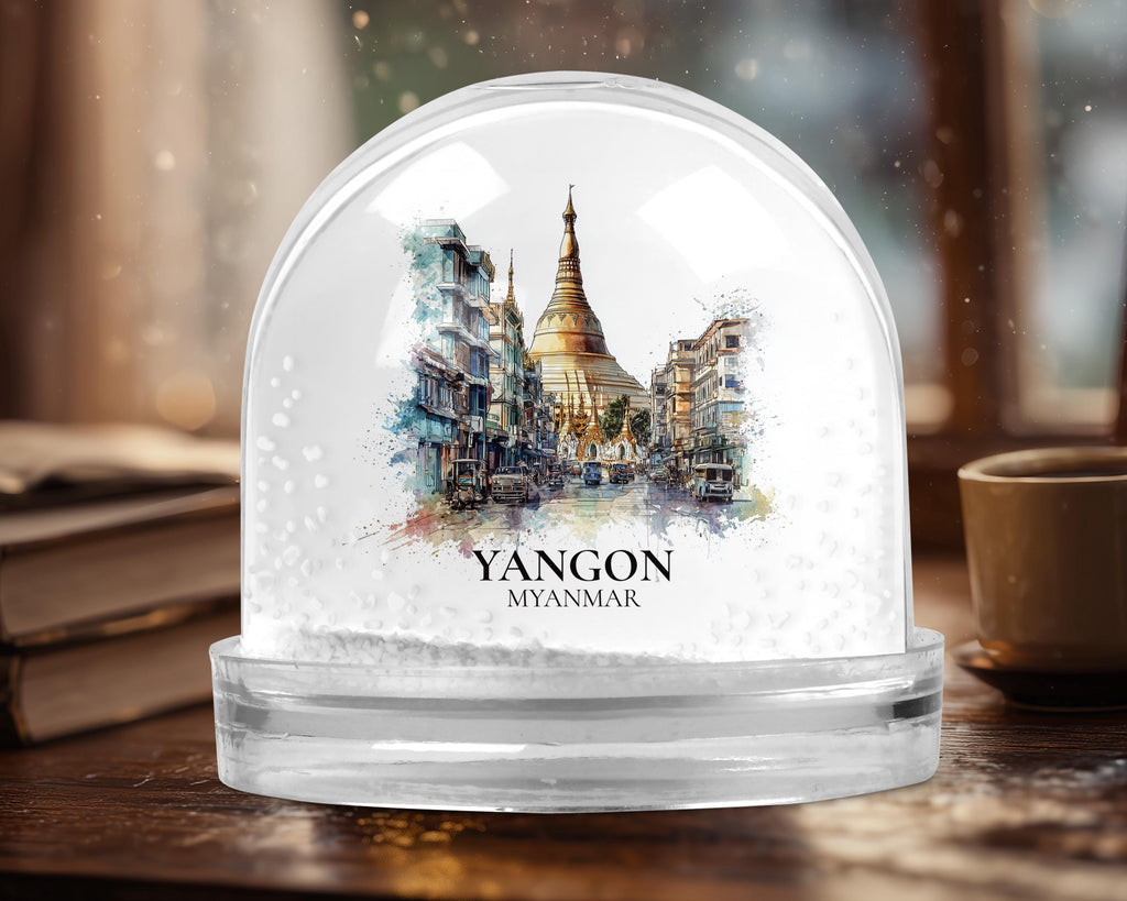 Yangon Myanmar Snow Globe, Personalized Watercolor, Custom Travel Souvenir Keepsake City Dome