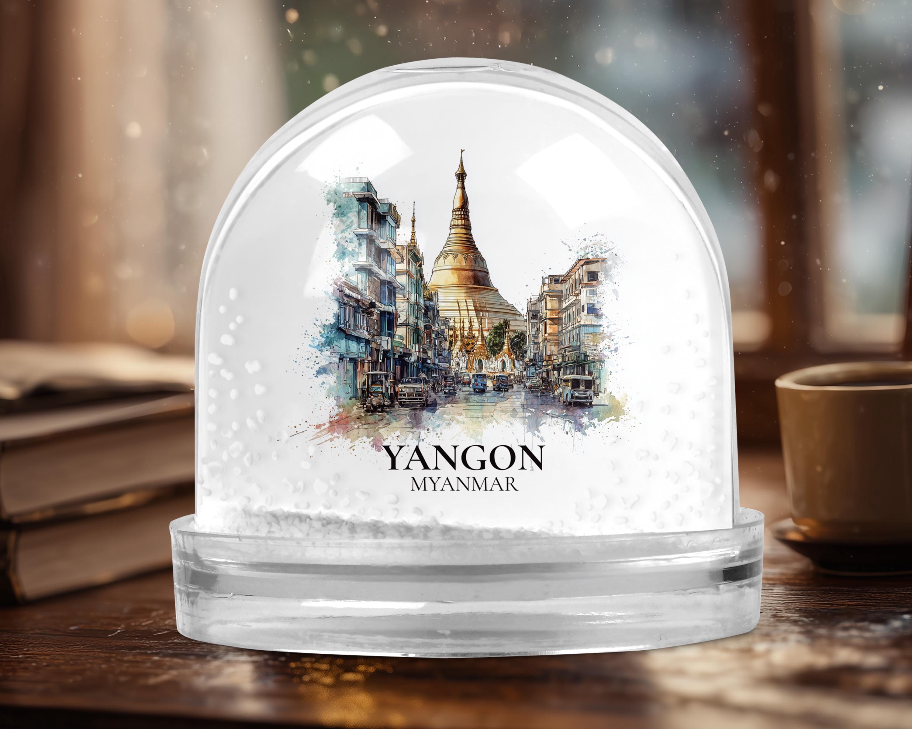 Yangon Myanmar Snow Globe, Personalized Watercolor, Custom Travel Souvenir Keepsake City Dome
