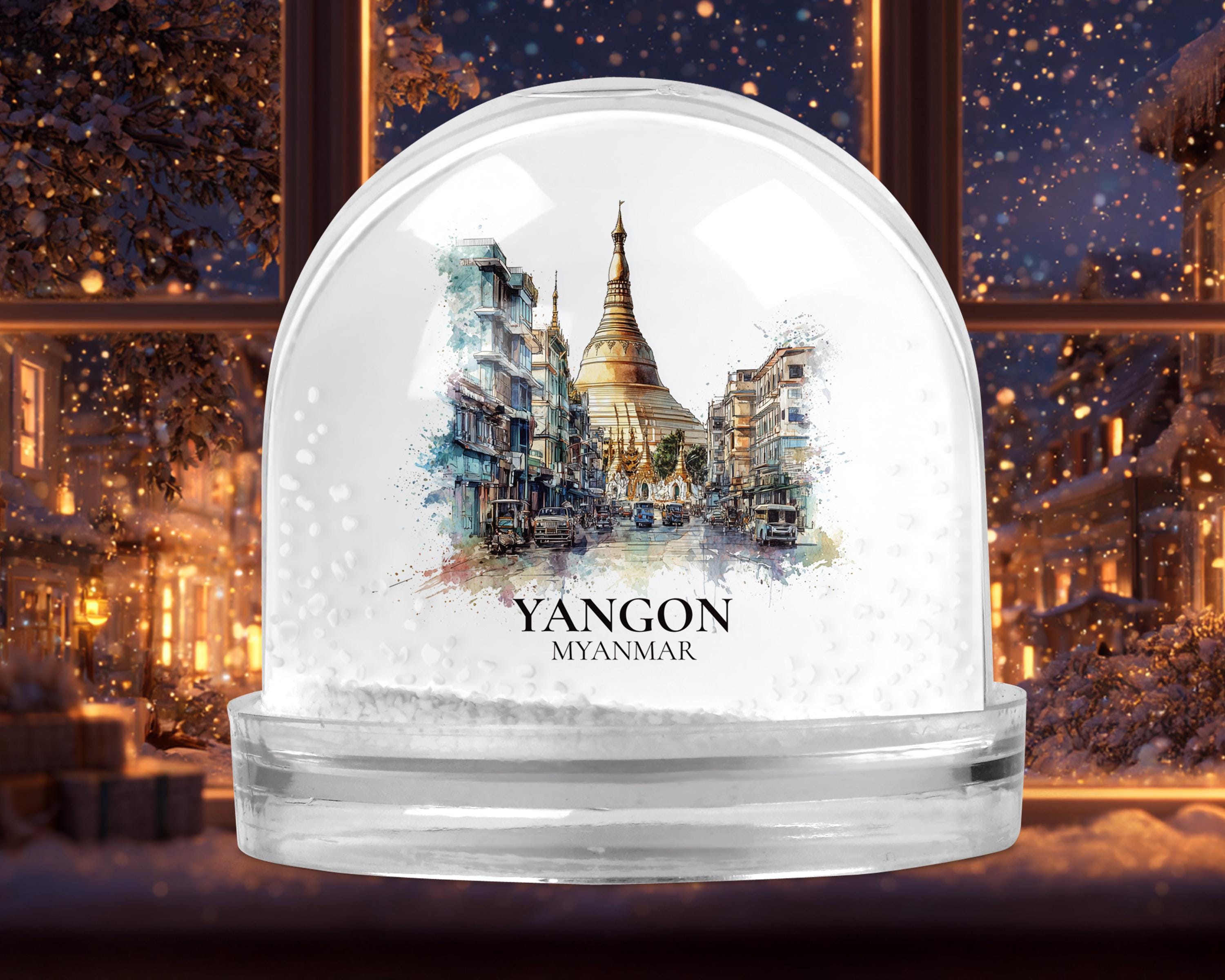 Yangon Myanmar Snow Globe, Personalized Watercolor, Custom Travel Souvenir Keepsake City Dome