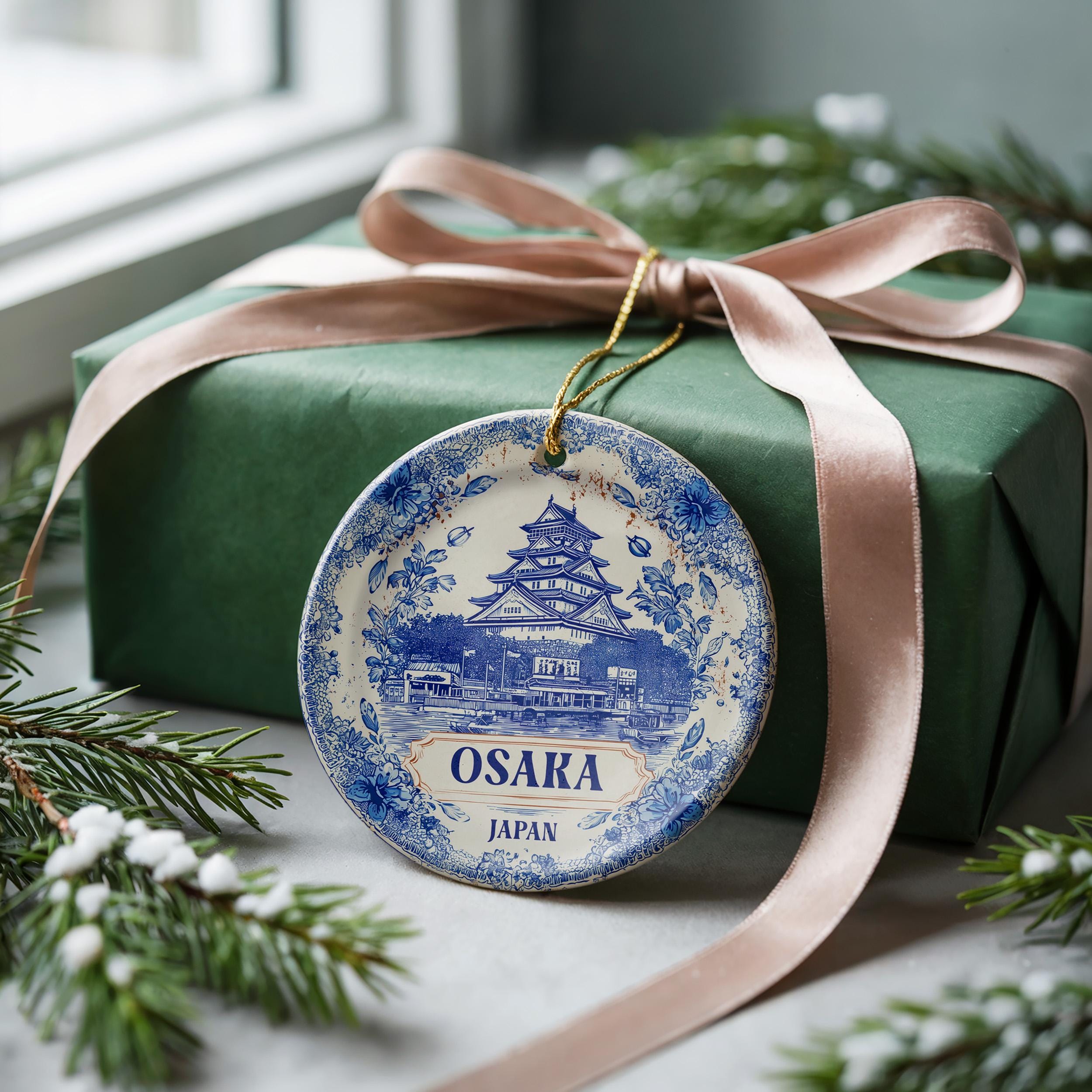 Custom Osaka Japan Ceramic Delft Ornament, Christmas Delftware Blue Delftware city travel
