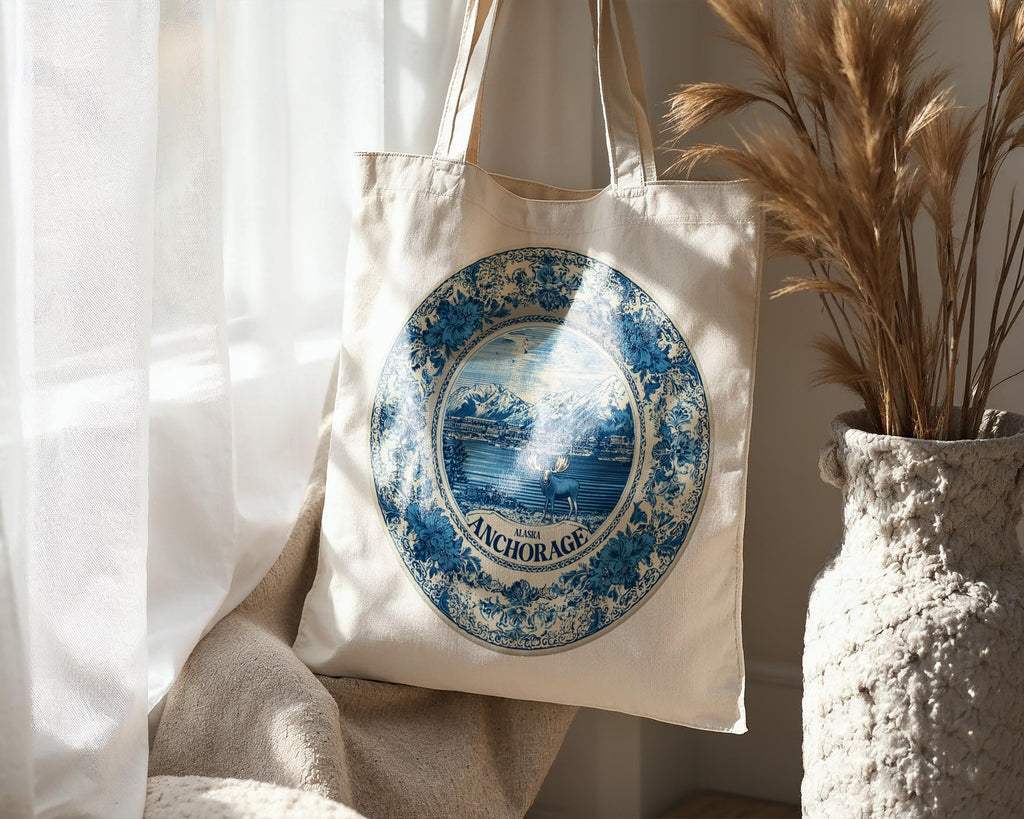Anchorage Alaska Tote Bag, Delft Style Personalized Destination, City Wedding Gift Souvenir Cotton