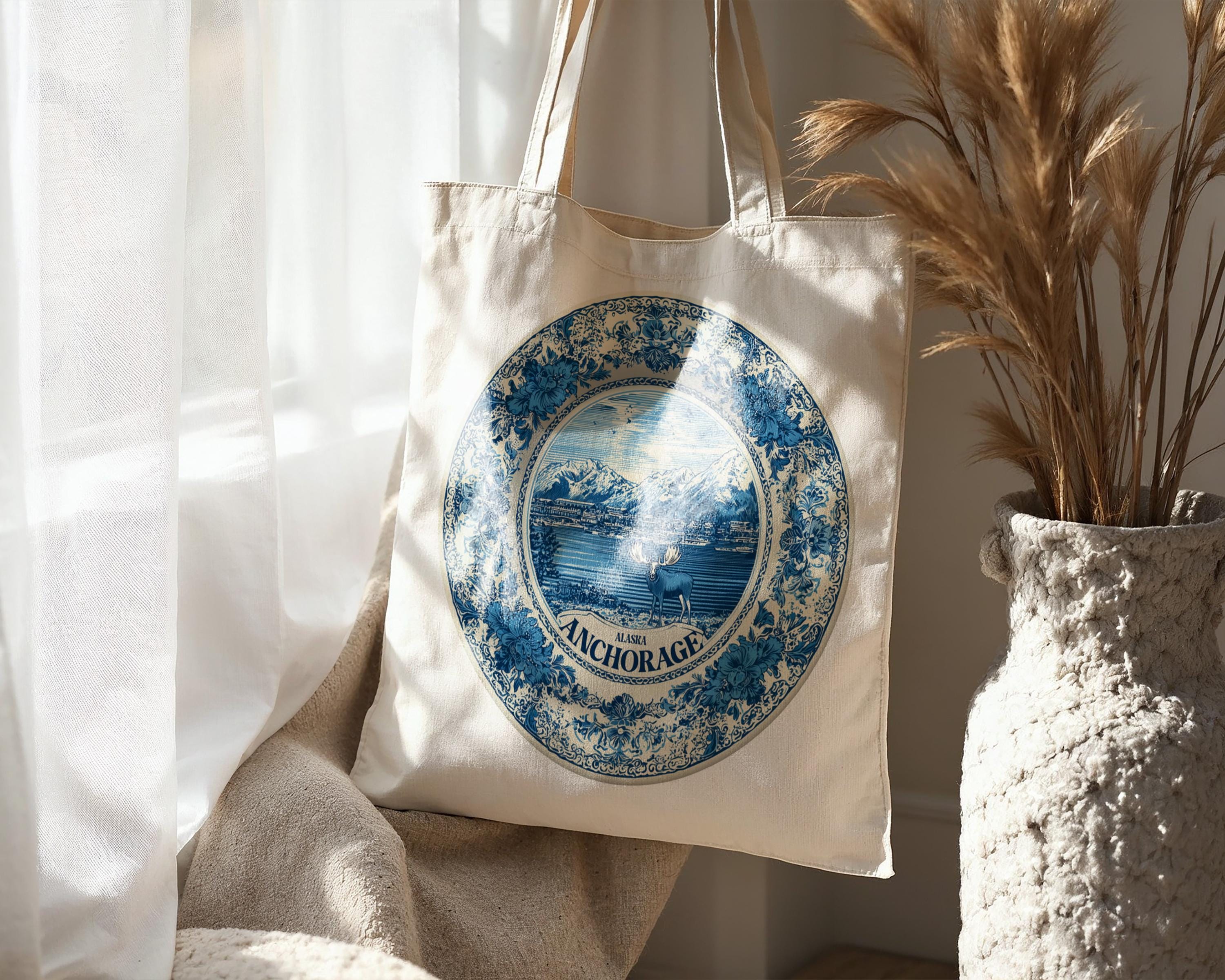 Anchorage Alaska Tote Bag, Delft Style Personalized Destination, City Wedding Gift Souvenir Cotton