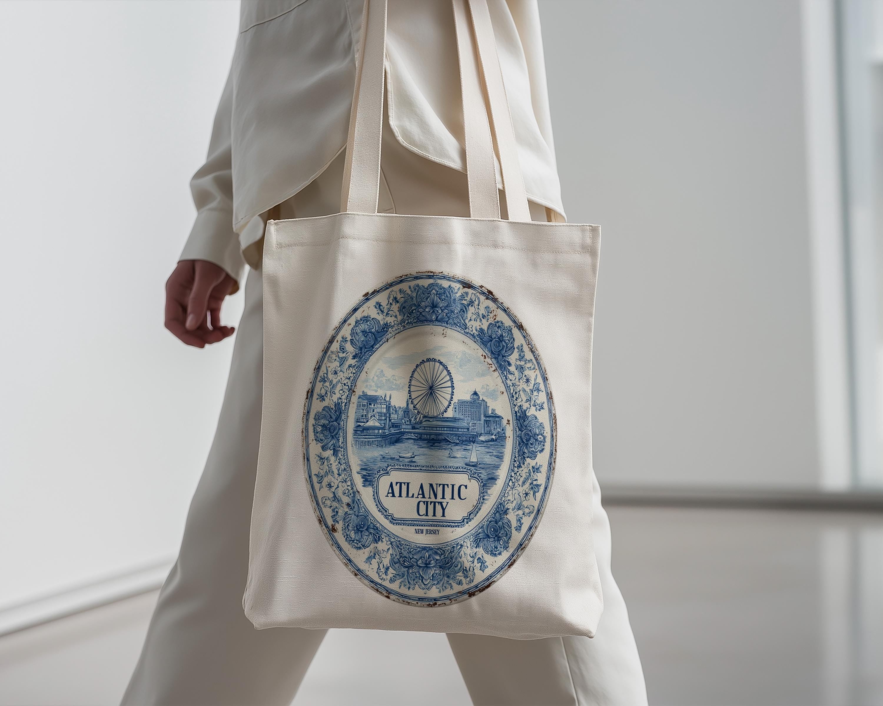 Atlantic City New Jersey Tote Bag, Delft Style Personalized Destination, City Wedding Gift Souvenir Cotton
