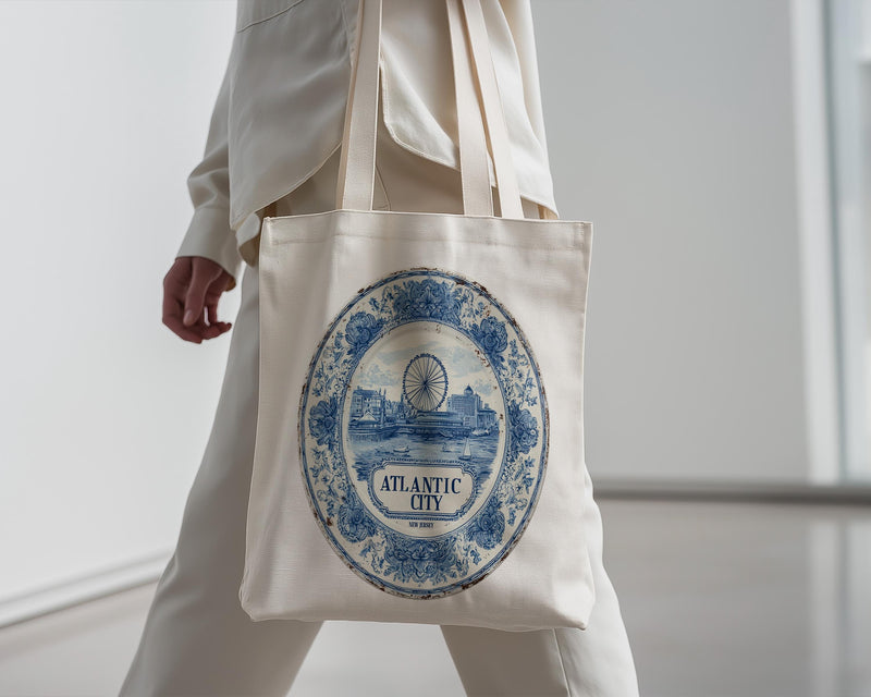 Atlantic City New Jersey Tote Bag, Delft Style Personalized Destination, City Wedding Gift Souvenir Cotton