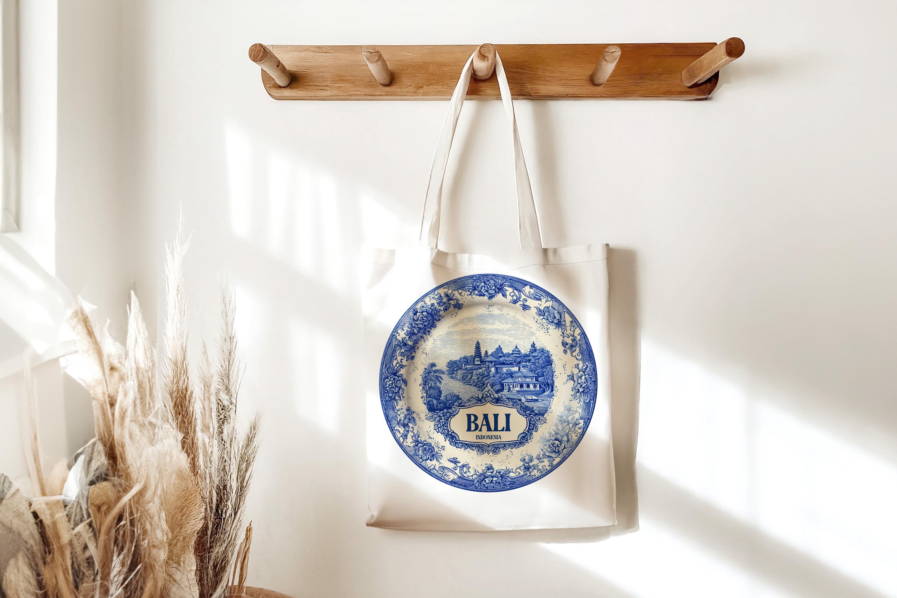 Bali Indonesia Tote Bag, Delft Style Personalized Destination, City Wedding Gift Souvenir Cotton