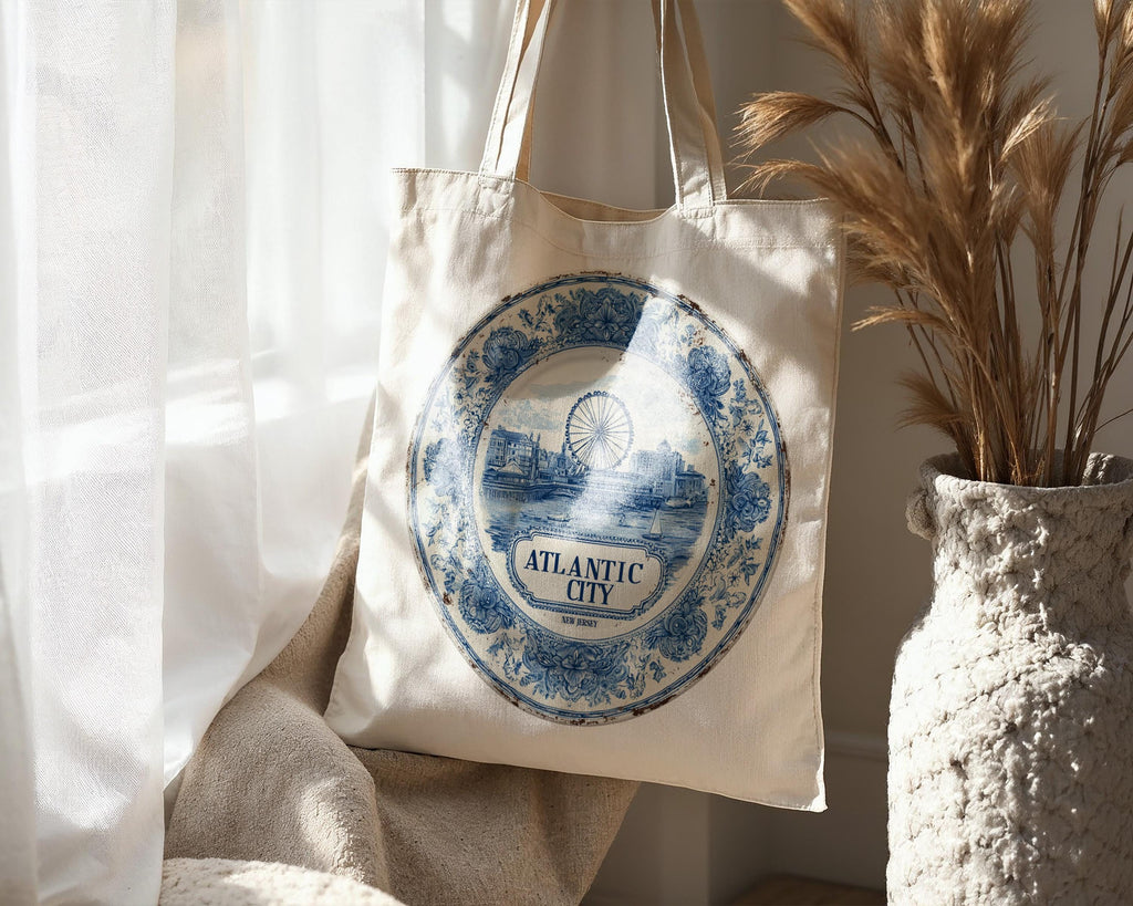 Atlantic City New Jersey Tote Bag, Delft Style Personalized Destination, City Wedding Gift Souvenir Cotton