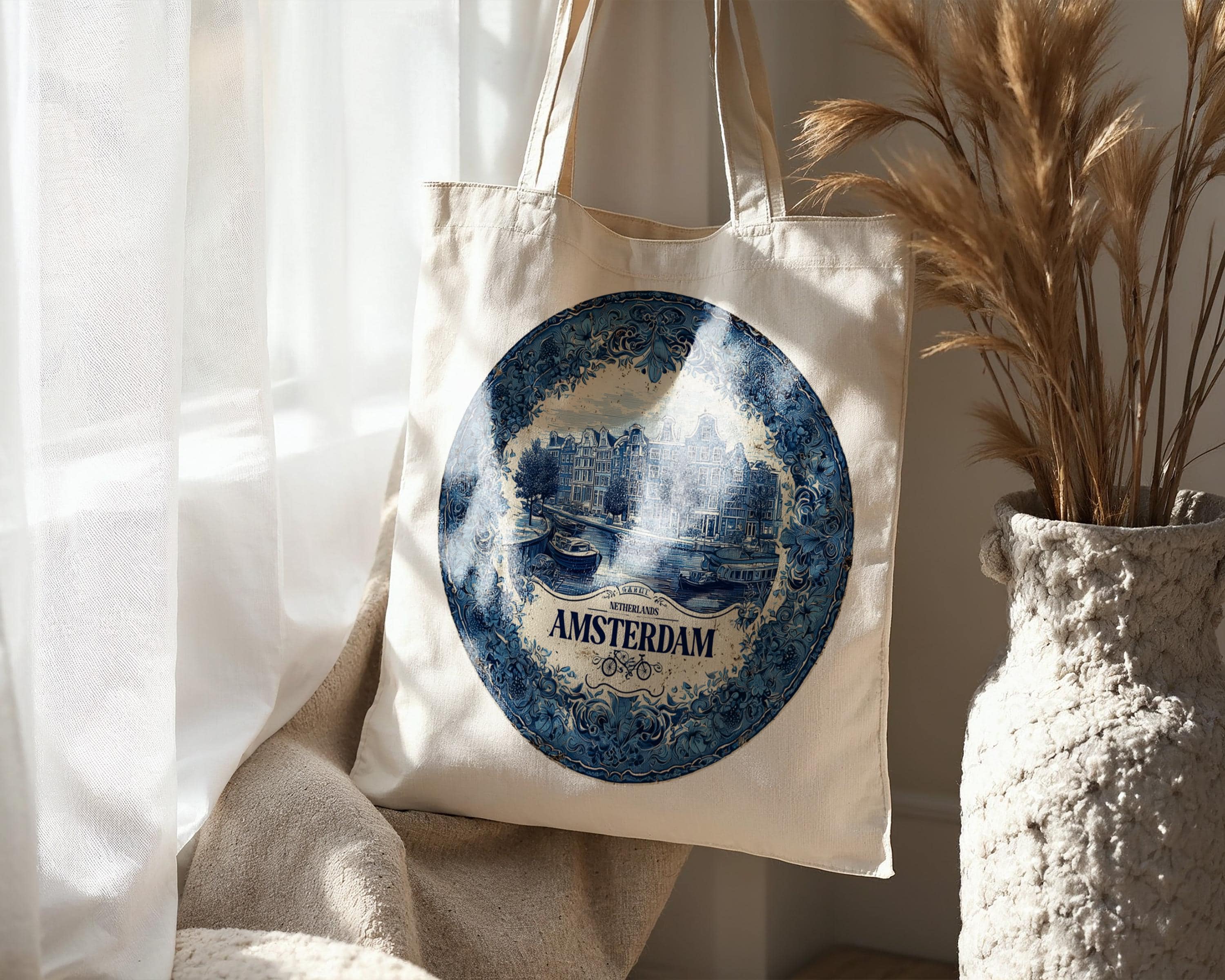 Amsterdam Netherlands Tote Bag, Delft Style Personalized Destination, City Wedding Gift Souvenir Cotton