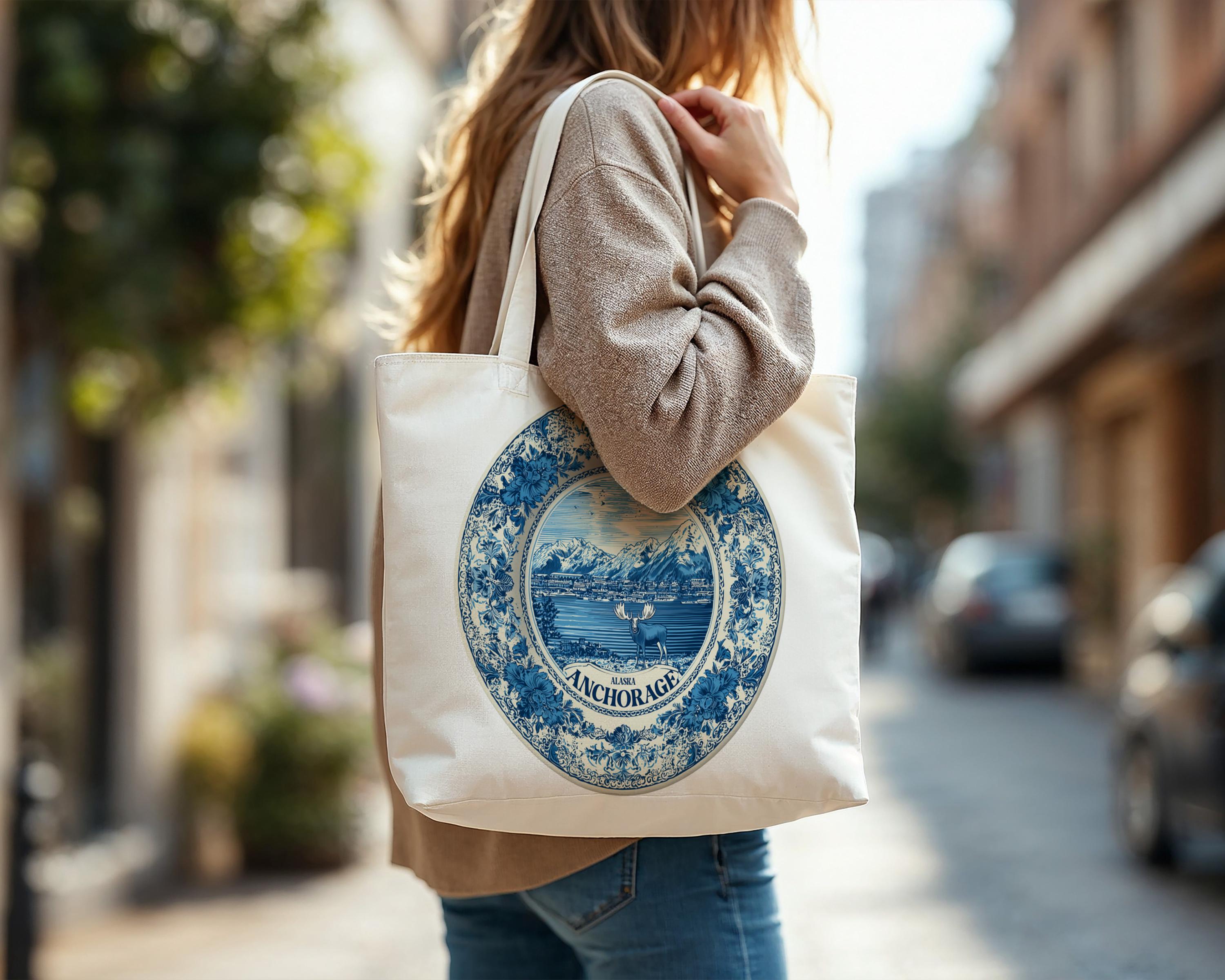 Anchorage Alaska Tote Bag, Delft Style Personalized Destination, City Wedding Gift Souvenir Cotton