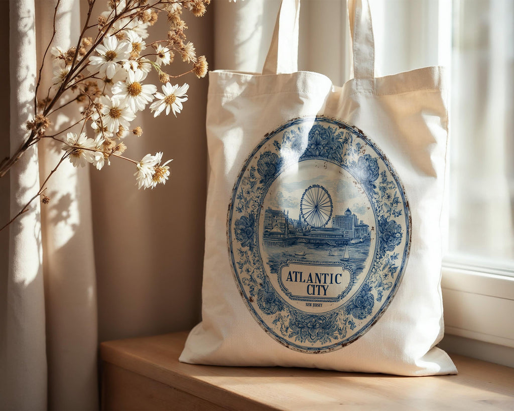 Atlantic City New Jersey Tote Bag, Delft Style Personalized Destination, City Wedding Gift Souvenir Cotton