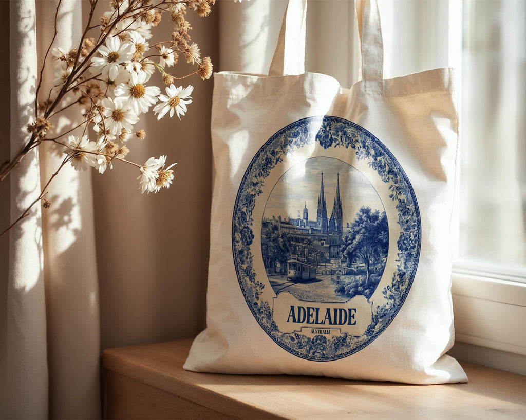 Adelaide Australia Tote Bag, Delft Style Personalized Destination, City Wedding Gift Souvenir Cotton