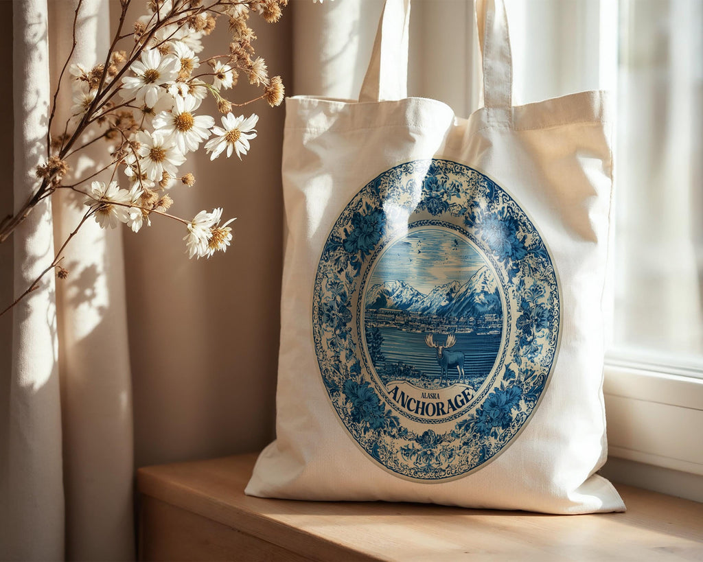 Anchorage Alaska Tote Bag, Delft Style Personalized Destination, City Wedding Gift Souvenir Cotton
