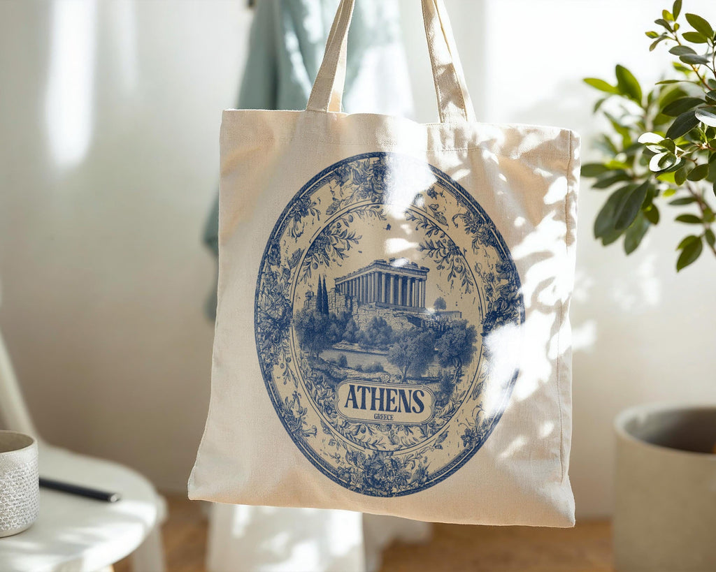 Athens Greece Tote Bag, Delft Style Personalized Destination, City Wedding Gift Souvenir Cotton