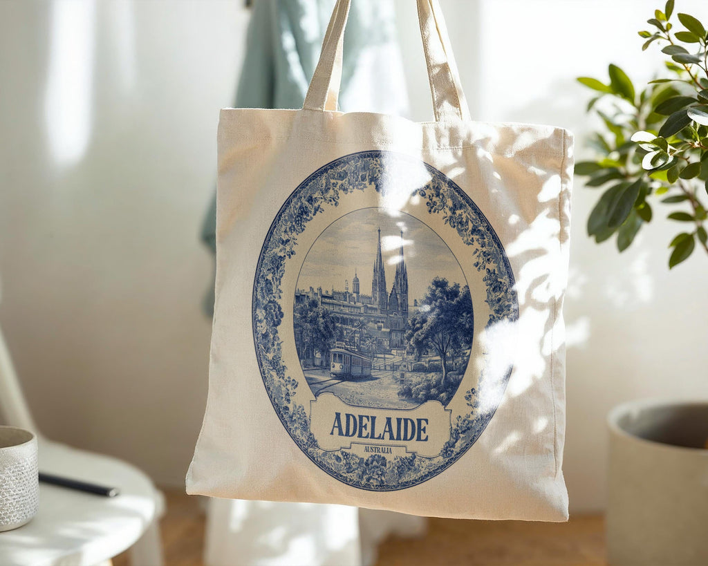 Adelaide Australia Tote Bag, Delft Style Personalized Destination, City Wedding Gift Souvenir Cotton