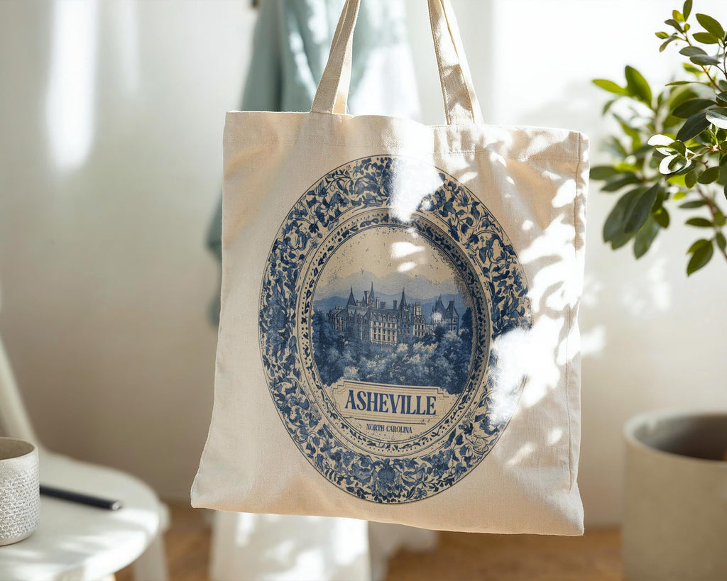 Asheville North Carolina Tote Bag, Delft Style Personalized Destination, City Wedding Gift Souvenir Cotton