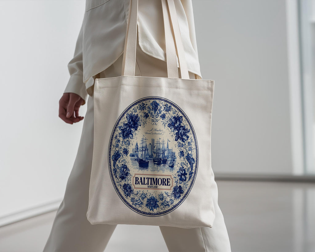 Baltimore Maryland Tote Bag, Delft Style Personalized Destination, City Wedding Gift Souvenir Cotton