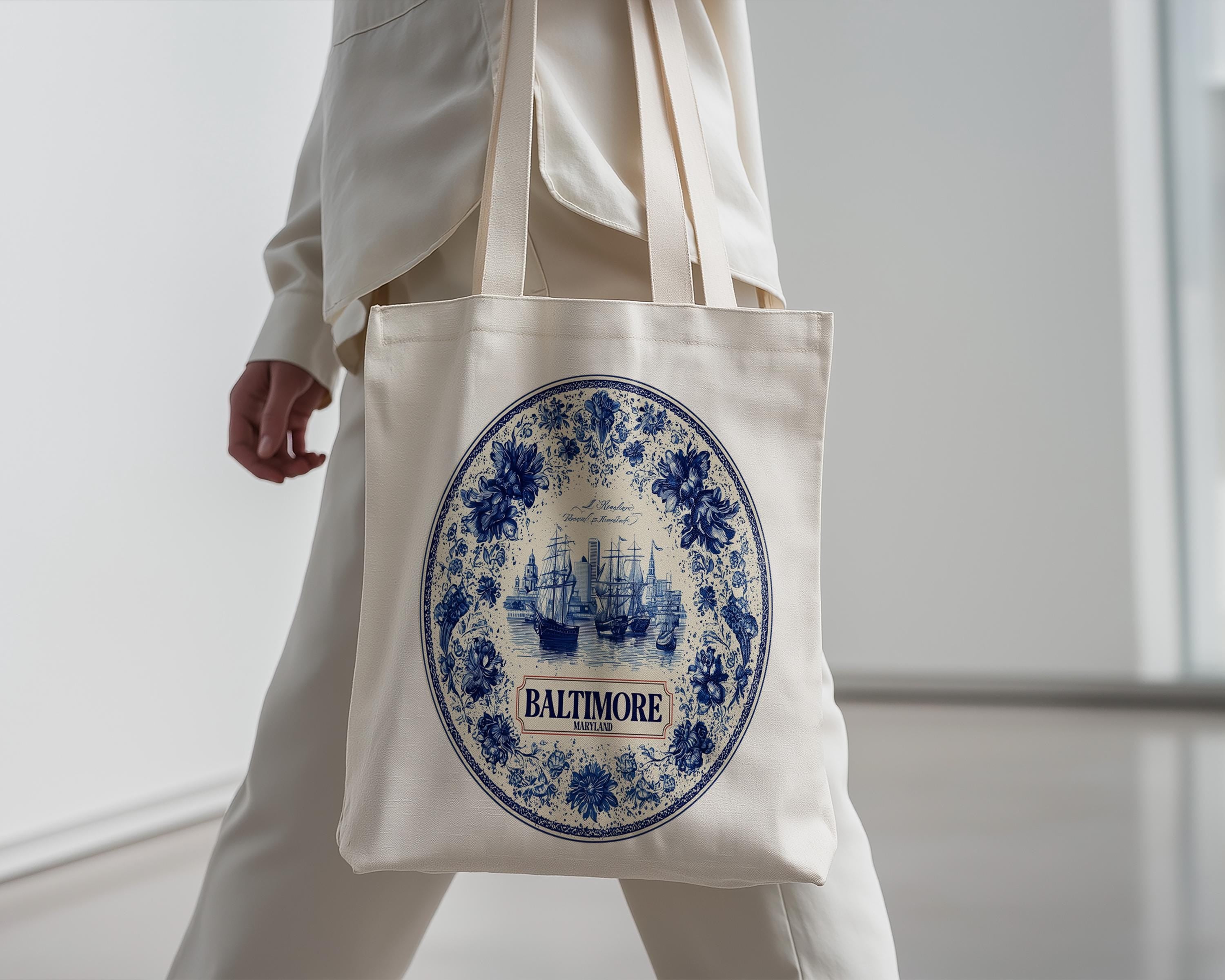 Baltimore Maryland Tote Bag, Delft Style Personalized Destination, City Wedding Gift Souvenir Cotton