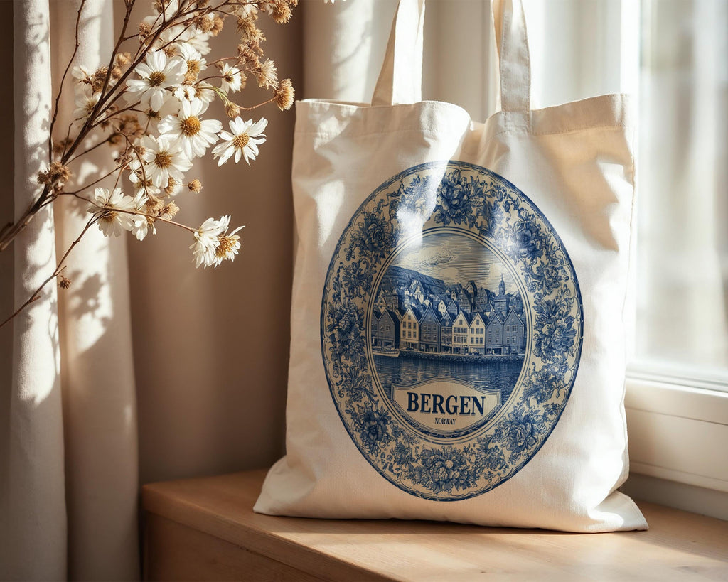 Bergen Norway Tote Bag, Delft Style Personalized Destination, City Wedding Gift Souvenir Cotton