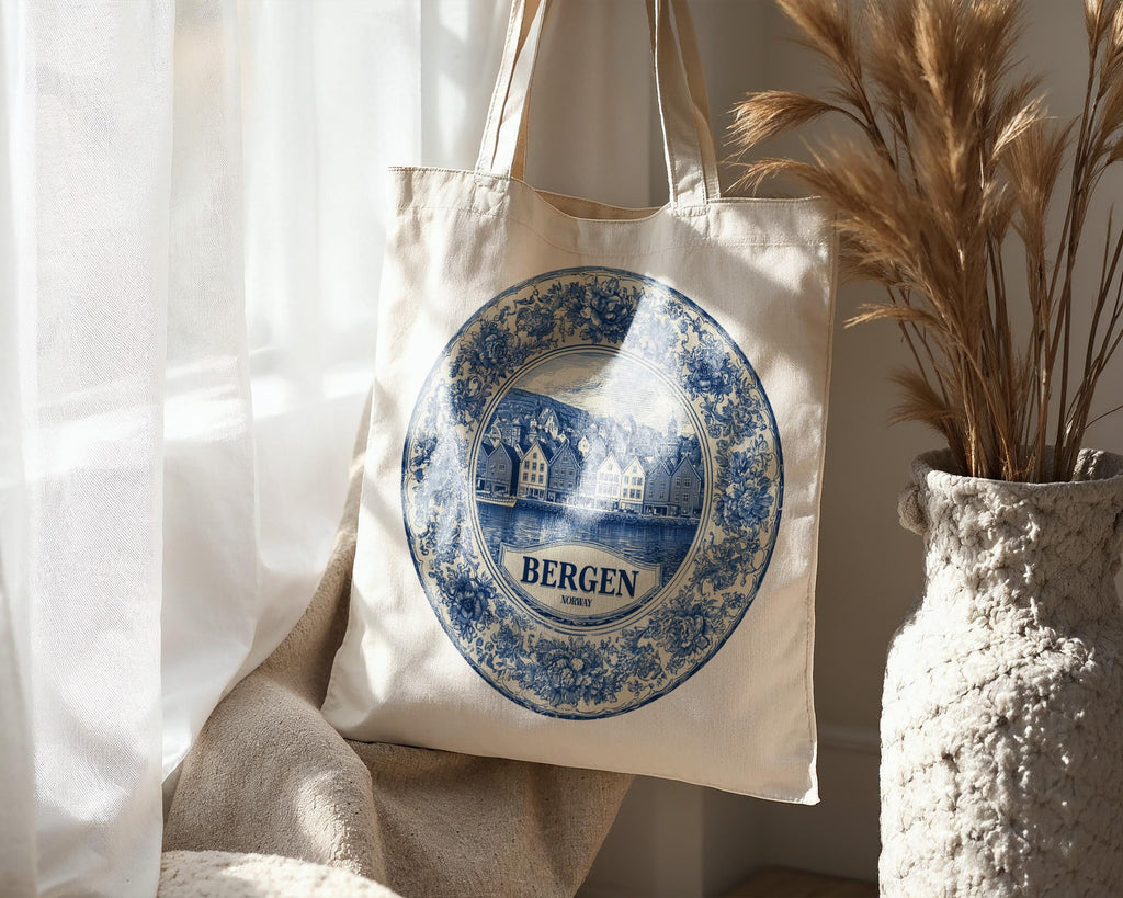 Bergen Norway Tote Bag, Delft Style Personalized Destination, City Wedding Gift Souvenir Cotton