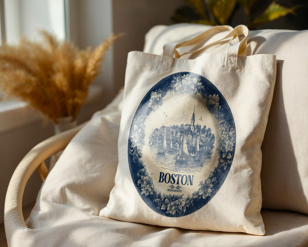 Boston Massachusetts2 Tote Bag, Delft Style Personalized Destination, City Wedding Gift Souvenir Cotton