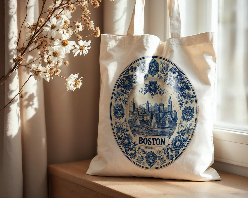 Boston Massachusetts Tote Bag, Delft Style Personalized Destination, City Wedding Gift Souvenir Cotton