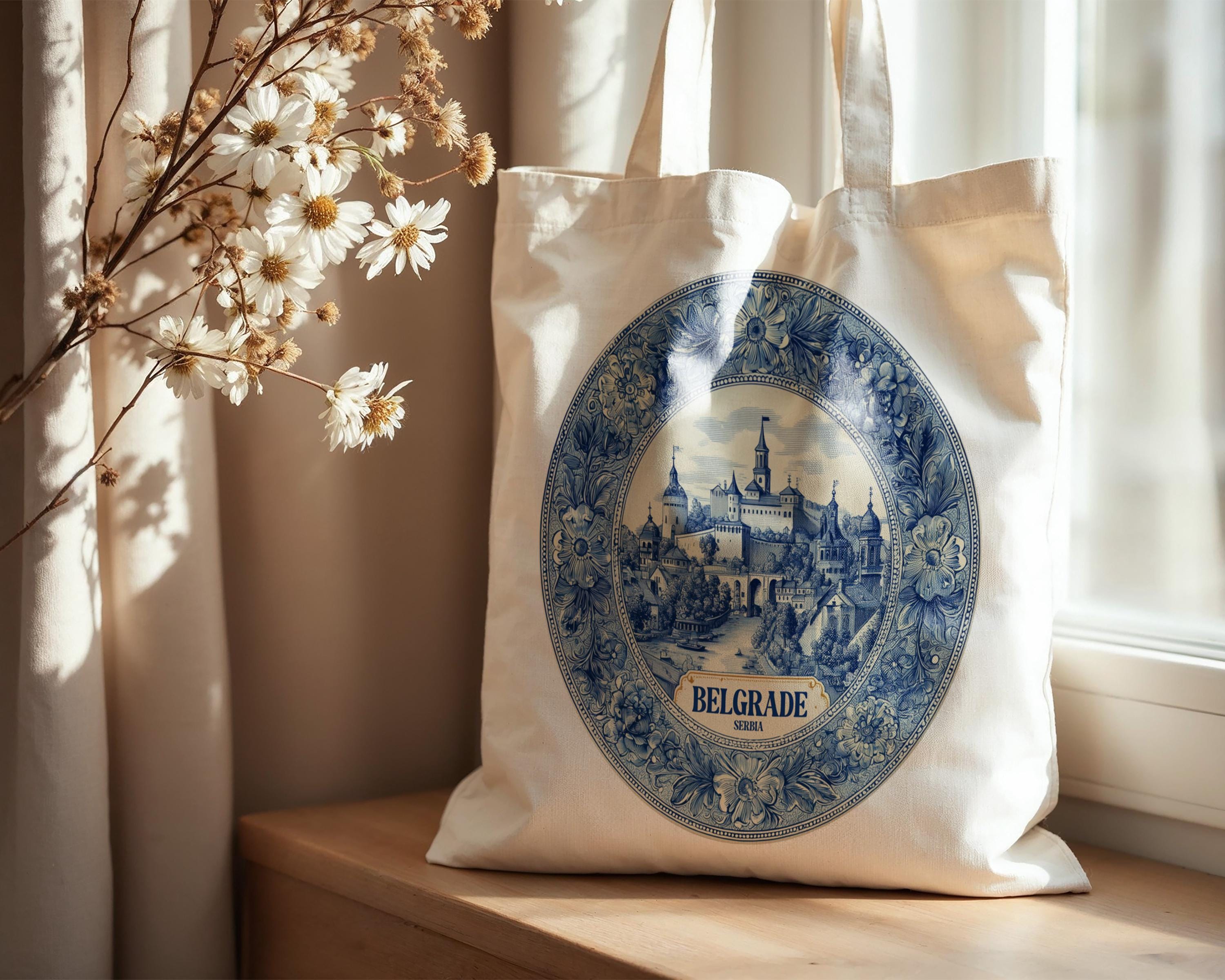 Belgrade Serbia Tote Bag, Delft Style Personalized Destination, City Wedding Gift Souvenir Cotton