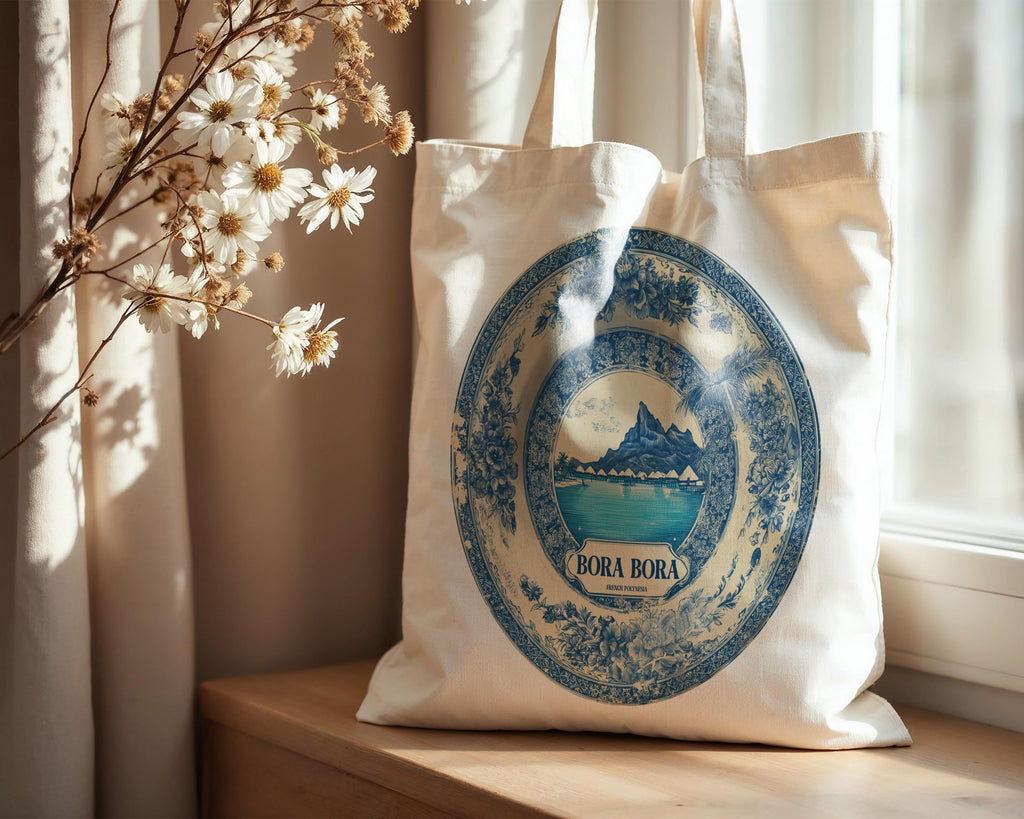 Bora Bora French Polynesia Tote Bag, Delft Style Personalized Destination, City Wedding Gift Souvenir Cotton