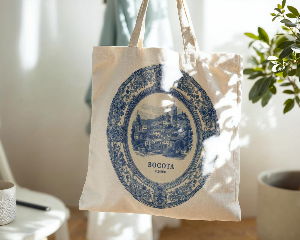 Bogota Colombia Tote Bag, Delft Style Personalized Destination, City Wedding Gift Souvenir Cotton