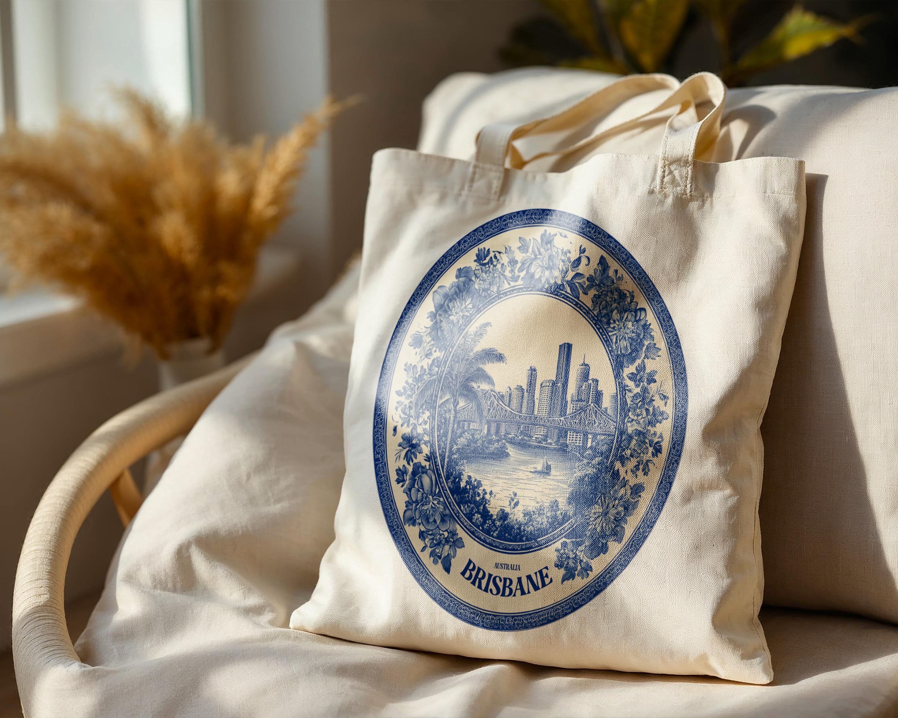 Brisbane Australia Tote Bag, Delft Style Personalized Destination, City Wedding Gift Souvenir Cotton