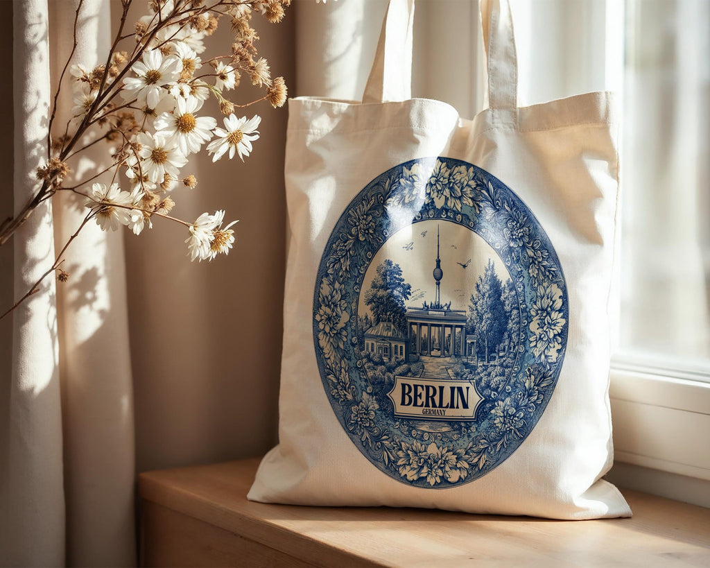 Berlin Germany Tote Bag, Delft Style Personalized Destination, City Wedding Gift Souvenir Cotton